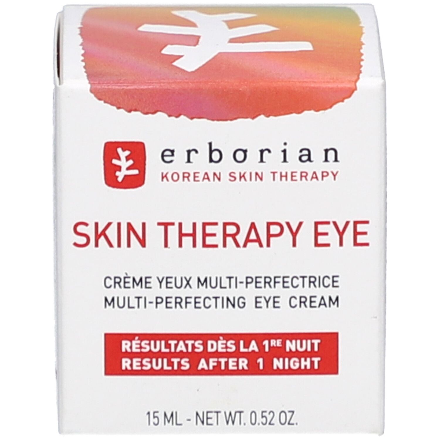Weiße Schachtel mit Text: "SKIN THERAPY EYE". Auf der Schachtel steht "erborian". Aufschrift: 15 ml - NET WT. 0.52 OZ.