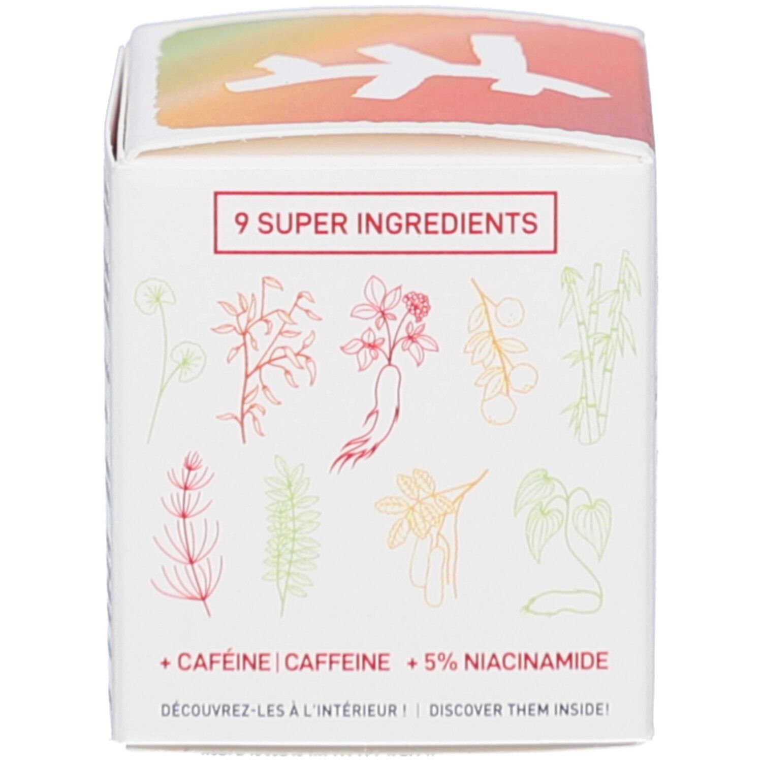 Rückseite der Schachtel. Text: 9 SUPER INGREDIENTS. Illustrationen von Pflanzen und Kräutern. Text: + CAFEINE + 5% NIACINAMIDE.