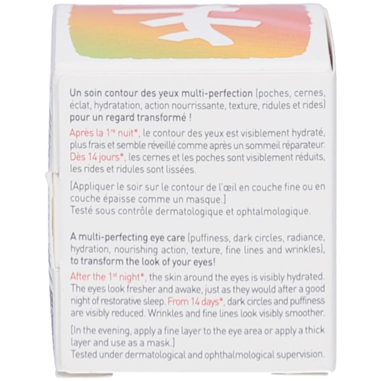 Rückseite der Schachtel. Text über die Anwendung und Wirkung. Text: Getestet unter dermatologischer und ophthalmologischer Aufsicht.