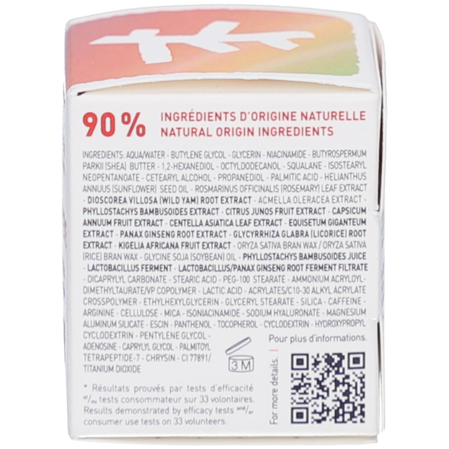 Rückseite der Schachtel. Liste der Inhaltsstoffe. Text: 90% INGREDIENTS D'ORIGINE NATURELLE. QR-Code.