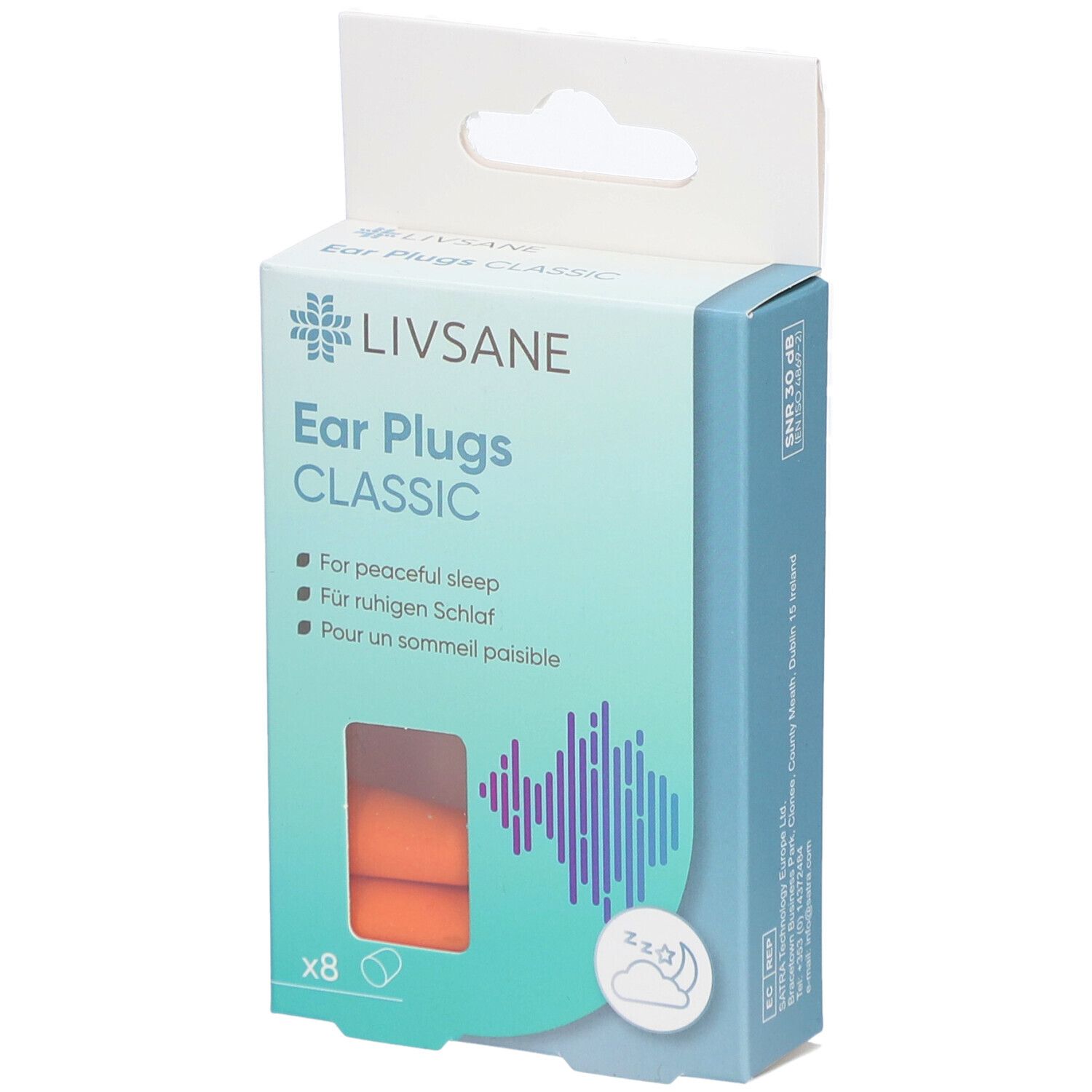 Verpackung mit Ohrstöpseln. Marke LIVSANE. Text: Ear Plugs CLASSIC. 8 Stück. Orangefarbene Ohrstöpsel sichtbar.