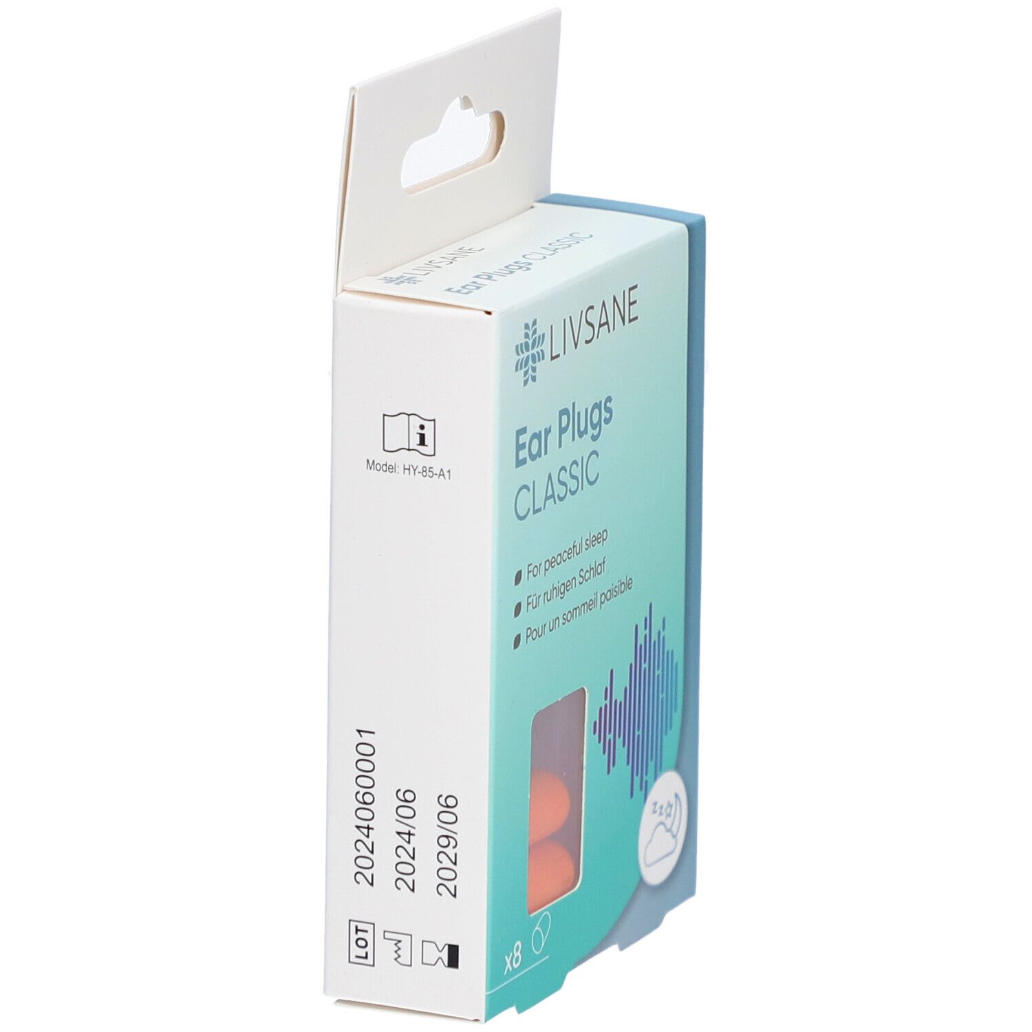 Verpackung mit Ohrstöpseln. Marke LIVSANE. Text: Ear Plugs CLASSIC. 8 Stück. Orangefarbene Ohrstöpsel sichtbar.