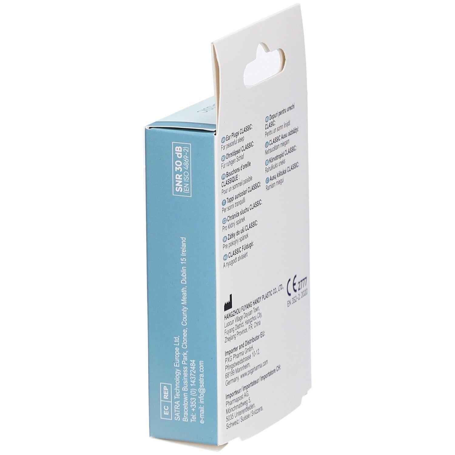 Seite der Verpackung mit Text. SNR 30 dB. Herstellerinformationen. CE-Kennzeichnung.