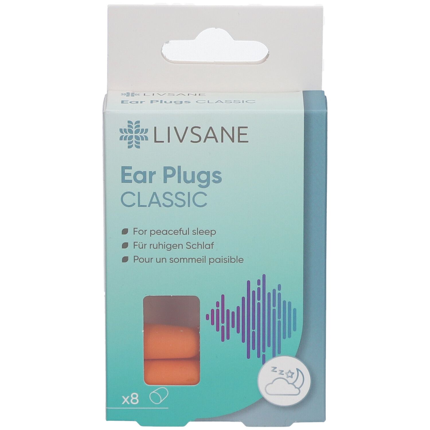 Verpackung mit Ohrstöpseln. Marke LIVSANE. Text: Ear Plugs CLASSIC. 8 Stück. Orangefarbene Ohrstöpsel sichtbar.