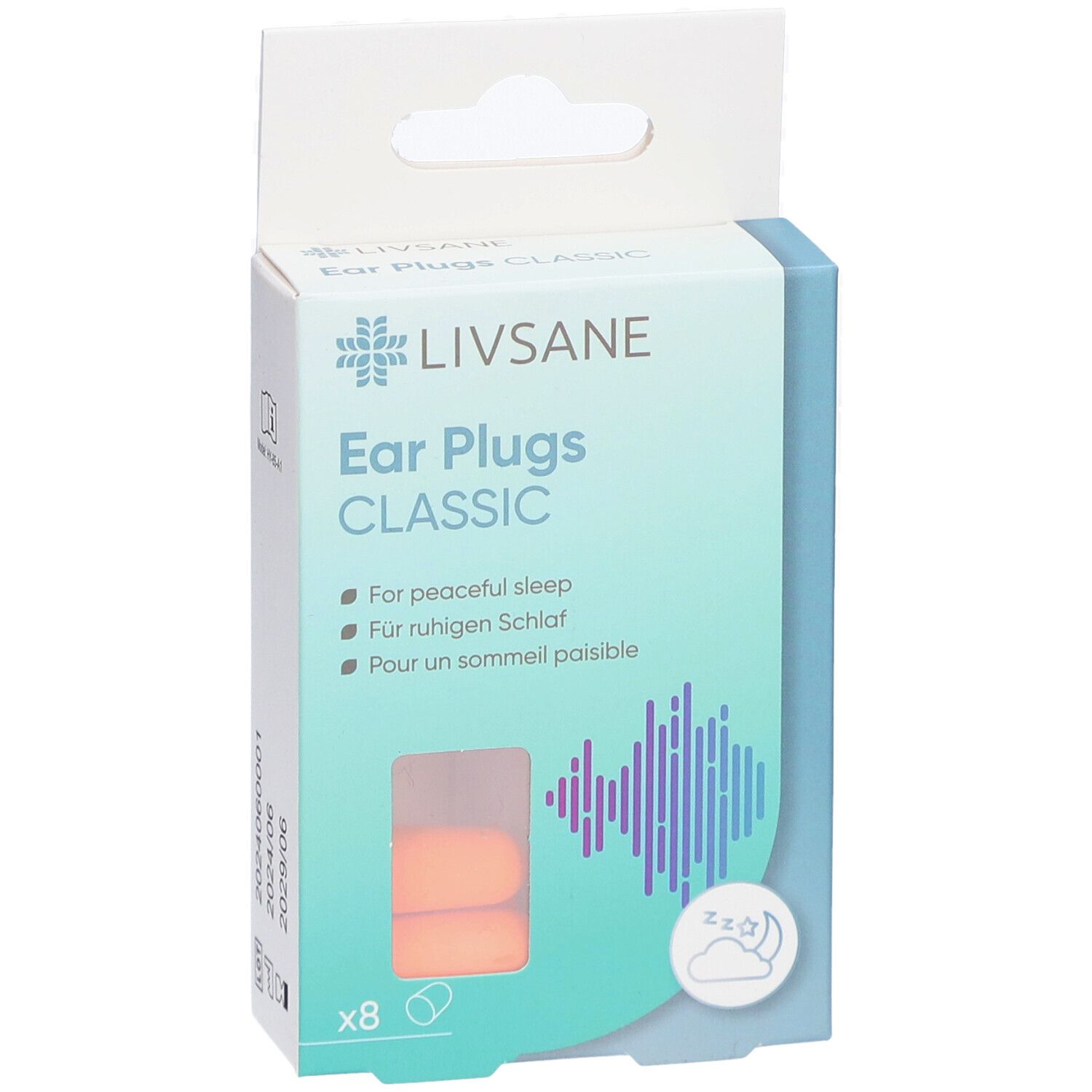 Verpackung mit Ohrstöpseln. Marke LIVSANE. Text: Ear Plugs CLASSIC. 8 Stück. Orangefarbene Ohrstöpsel sichtbar.
