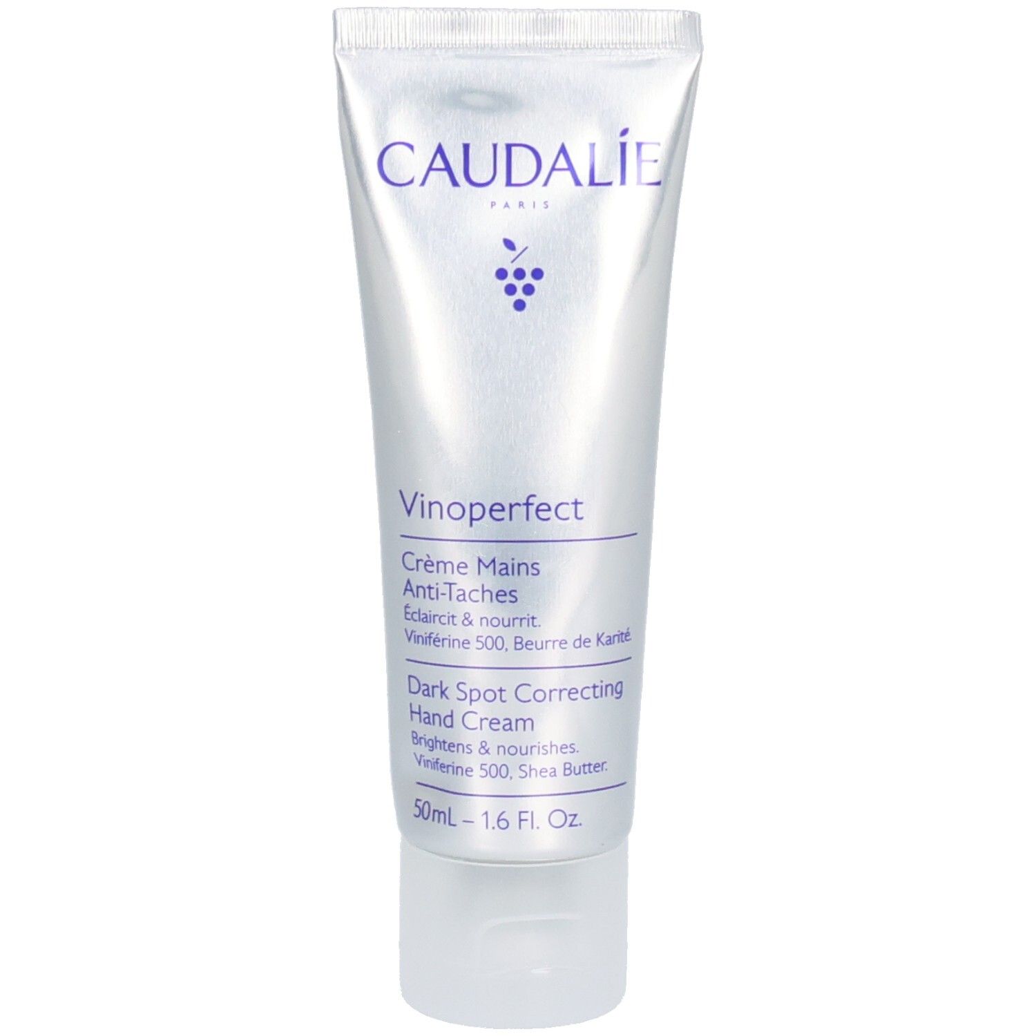 Tube argentée Caudalie Vinoperfect. Crème mains anti-taches. Contient 50ml.
