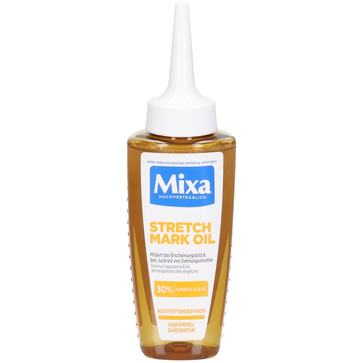 Mixa Stretch Mark Oil Flasche mit Applikator. Enthält 30% Omega 6 & 9.