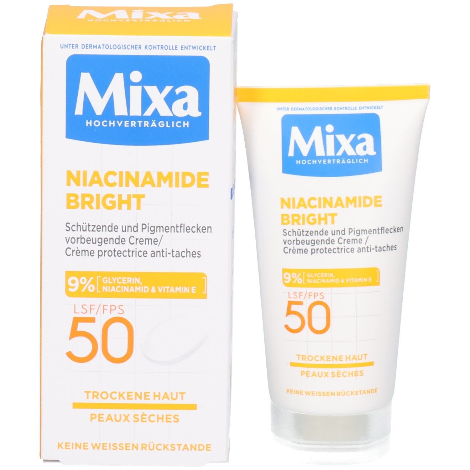 Mixa Niacinamide Bright Creme Tube und Umverpackung mit LSF 50.