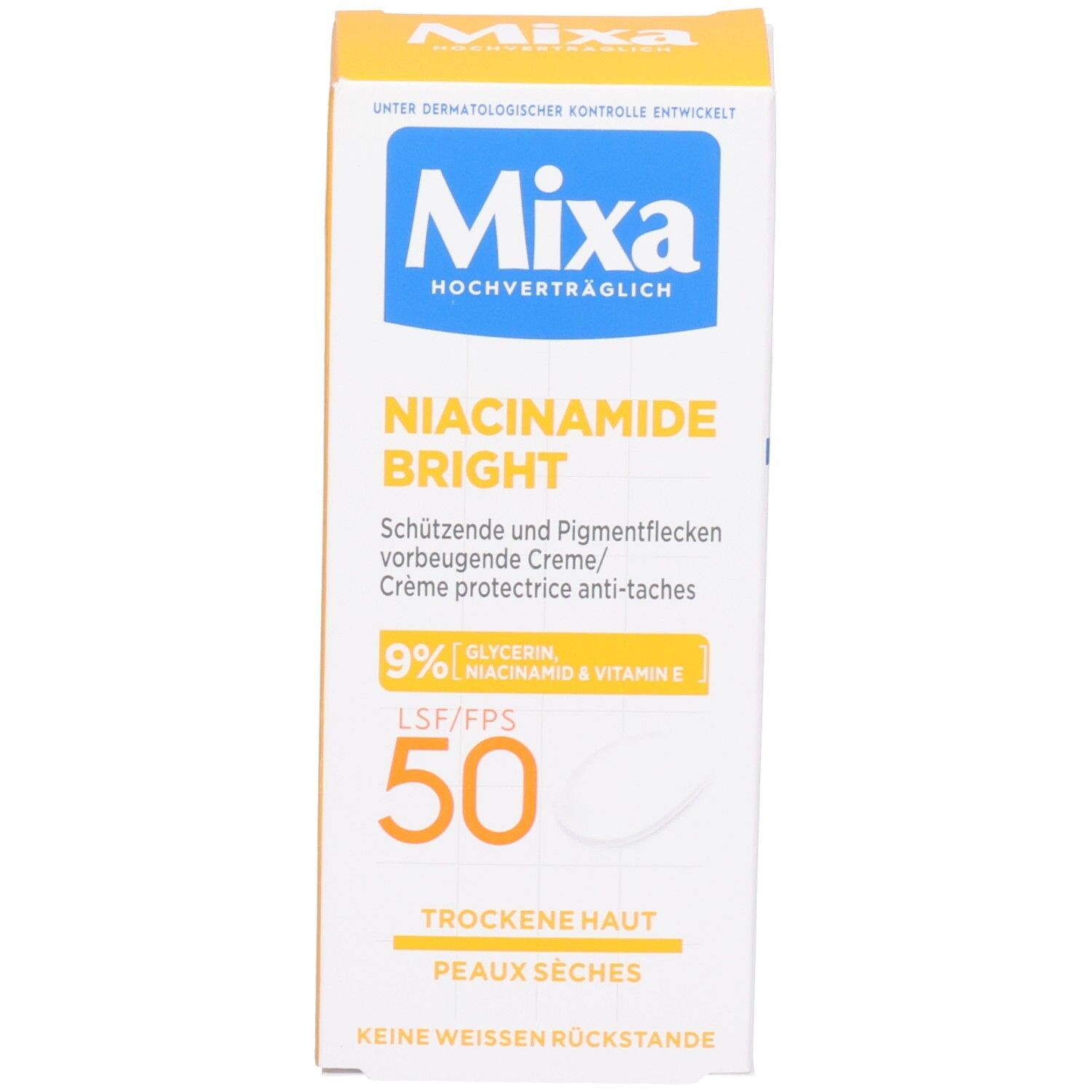 Seite der Mixa Niacinamide Bright Creme Umverpackung mit Anwendungshinweisen.
