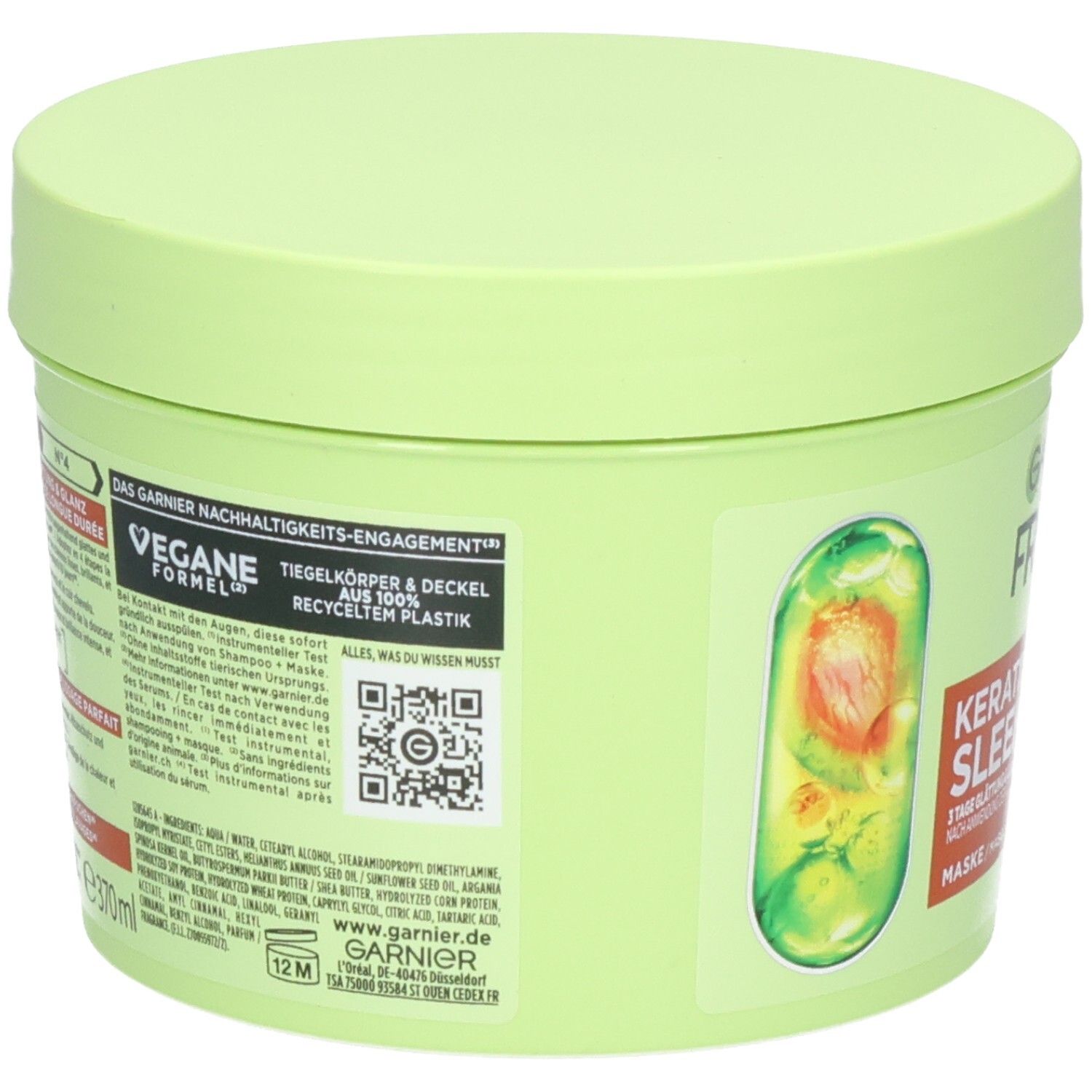 Rückseite des Garnier Fructis Keratin Sleek Masken-Tiegels mit Informationen zur veganen Formel und Recycling.