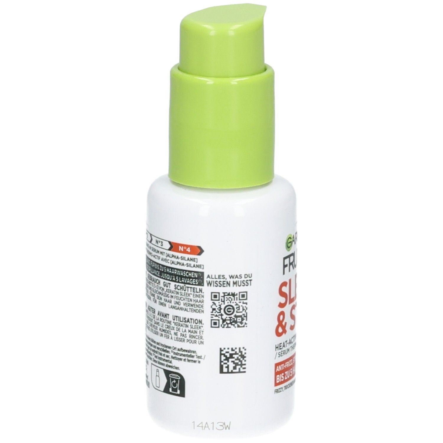 Rückseite einer Garnier Fructis Sleek & Stay Serum Flasche mit Anwendungshinweisen.