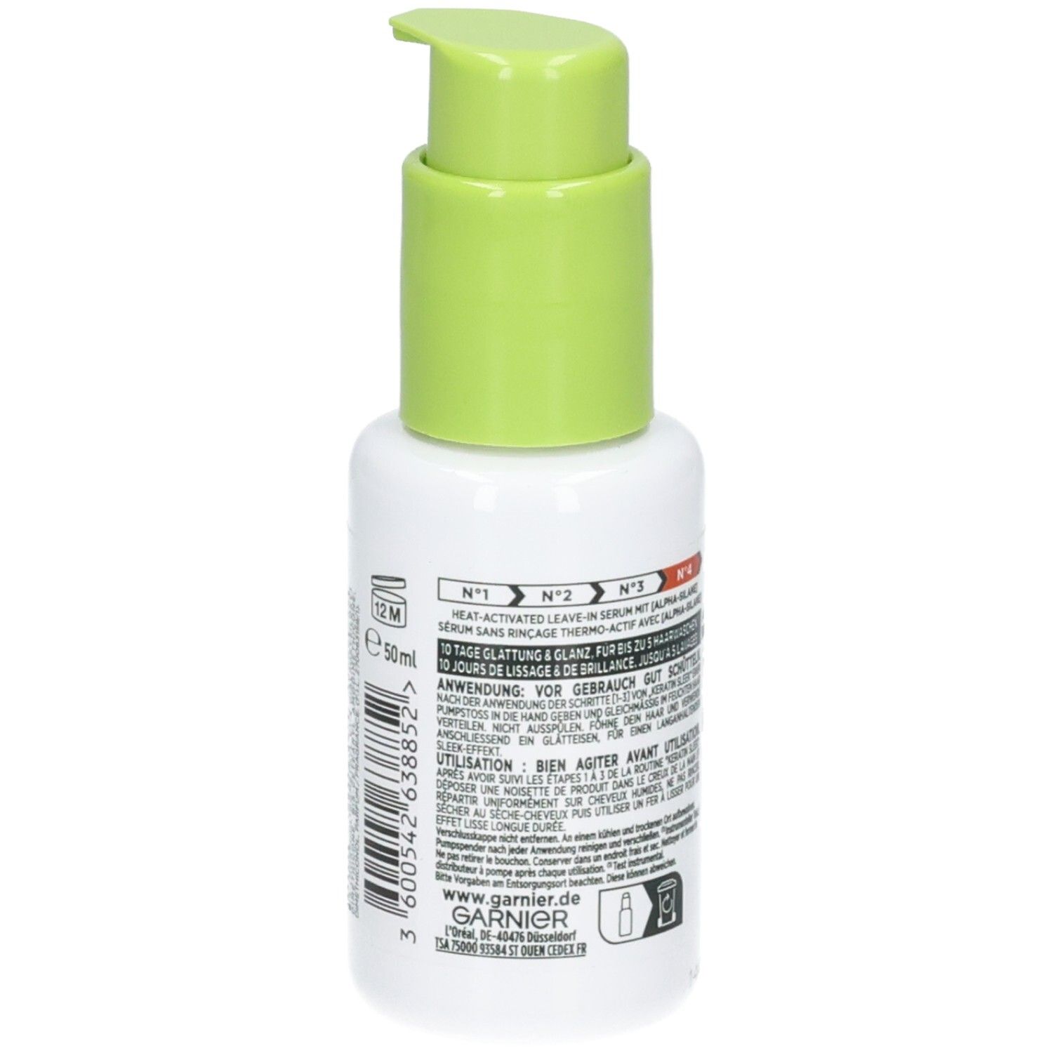 Seite einer Garnier Fructis Sleek & Stay Serum Flasche mit Volumenangabe 50ml.
