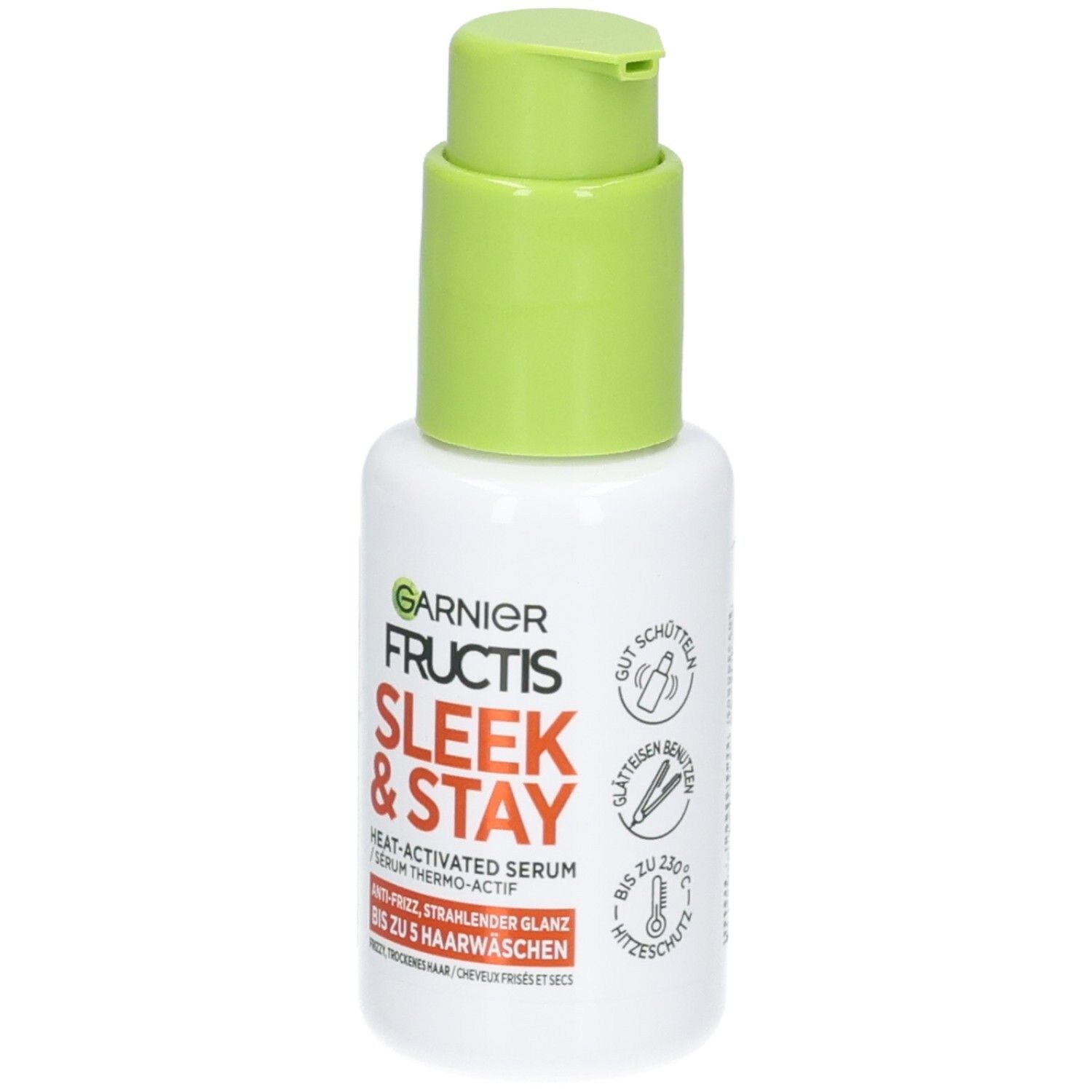 Garnier Fructis Sleek & Stay Serum Flasche mit Icons für Glätteisen und Hitzeschutz.