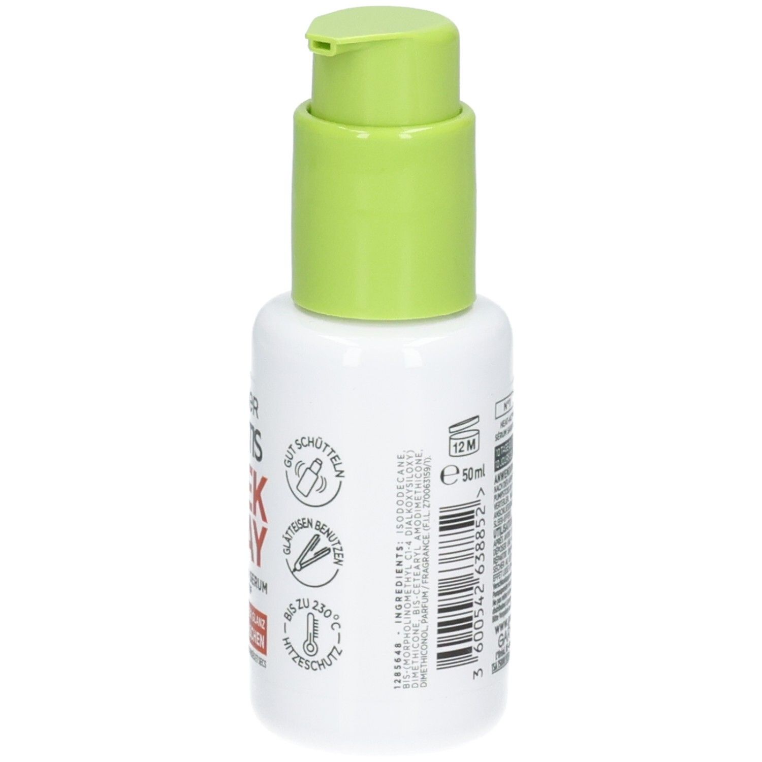Garnier Fructis Sleek & Stay Serum Flasche mit Icons für Glätteisen und Hitzeschutz.