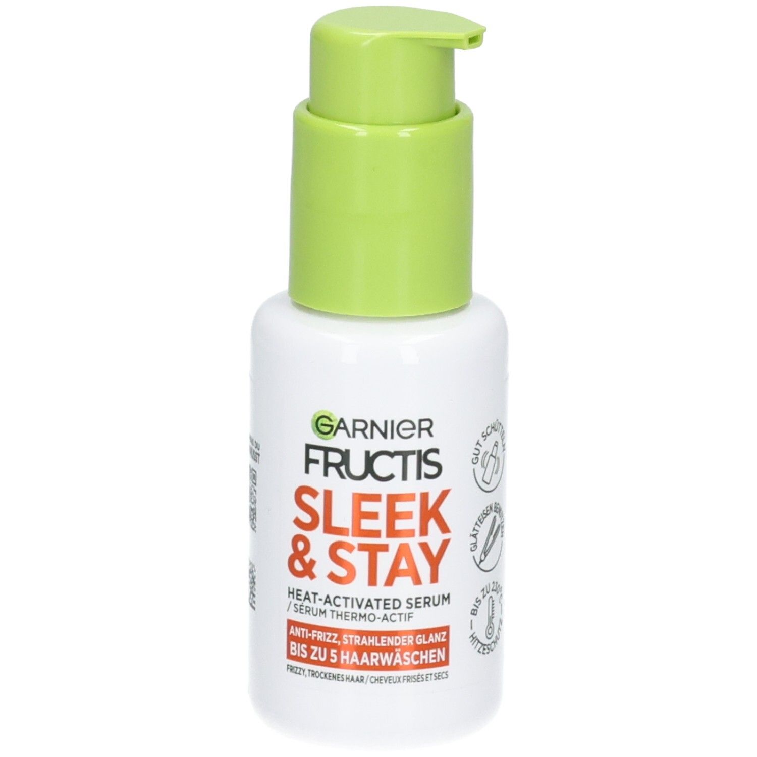 Garnier Fructis Sleek & Stay Serum Flasche mit Pumpspender und Produktinformationen.