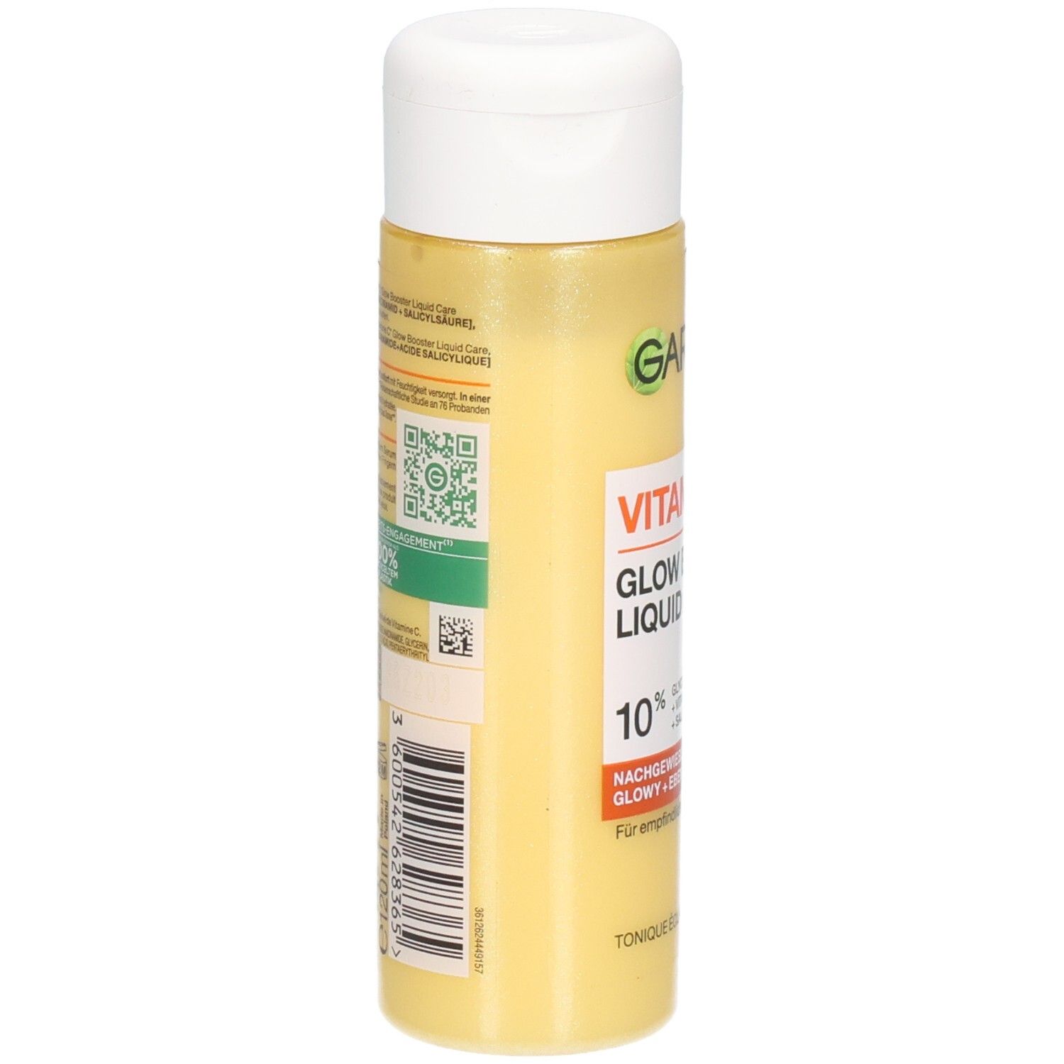 Rückseite der Garnier Vitamin C Glow Booster Liquid Care Flasche mit Barcode und Produktinformationen.