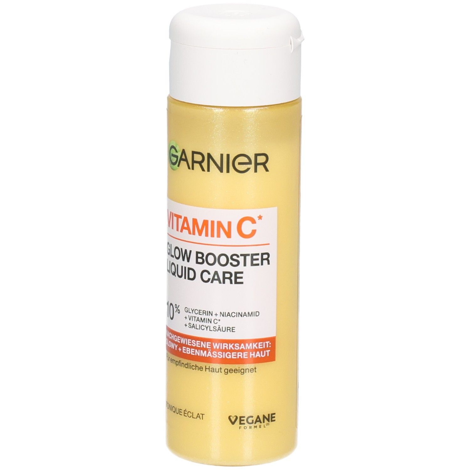 Garnier Vitamin C Glow Booster Liquid Care Gesichtsfluid in gelber Flasche mit weißem Klappdeckel.