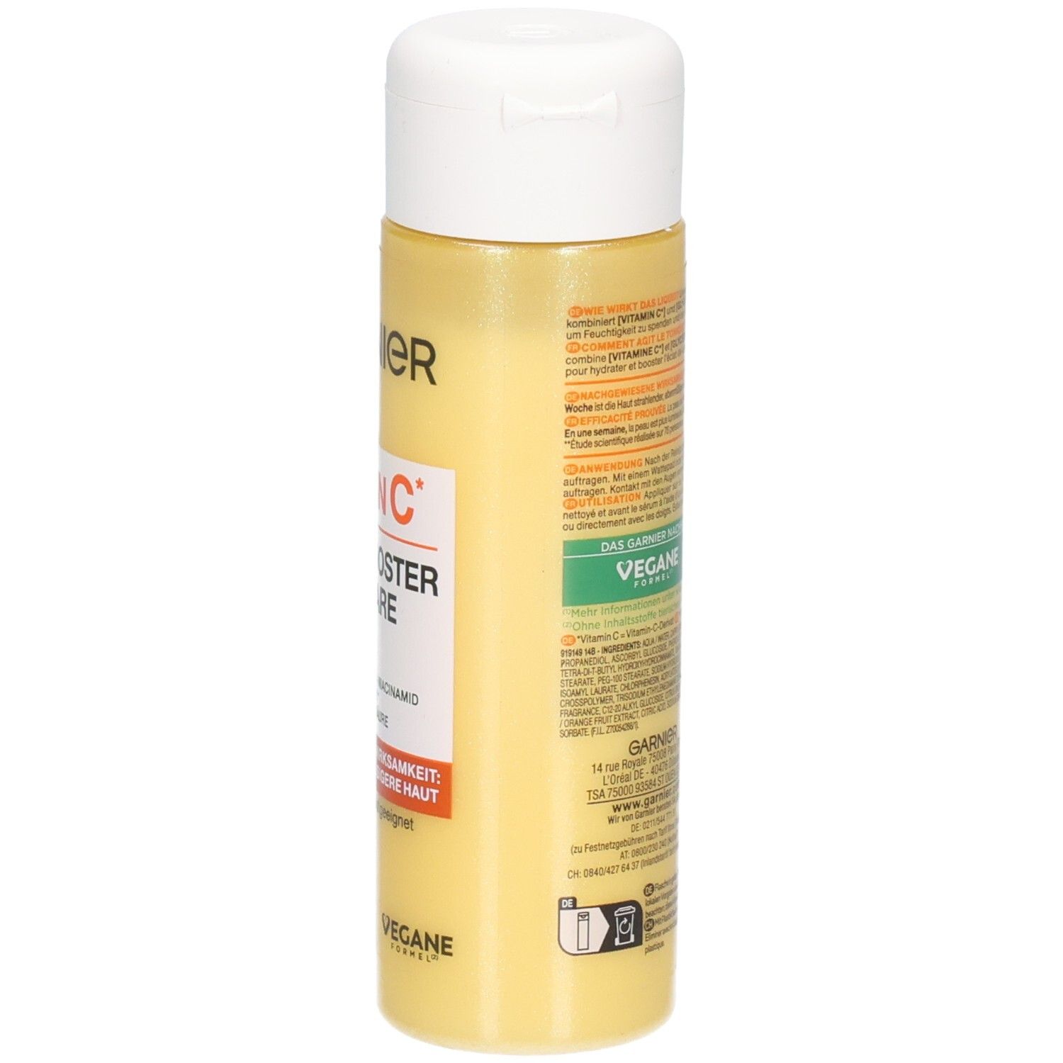 Rückseite der Garnier Vitamin C Glow Booster Liquid Care Flasche mit detaillierten Anwendungshinweisen.