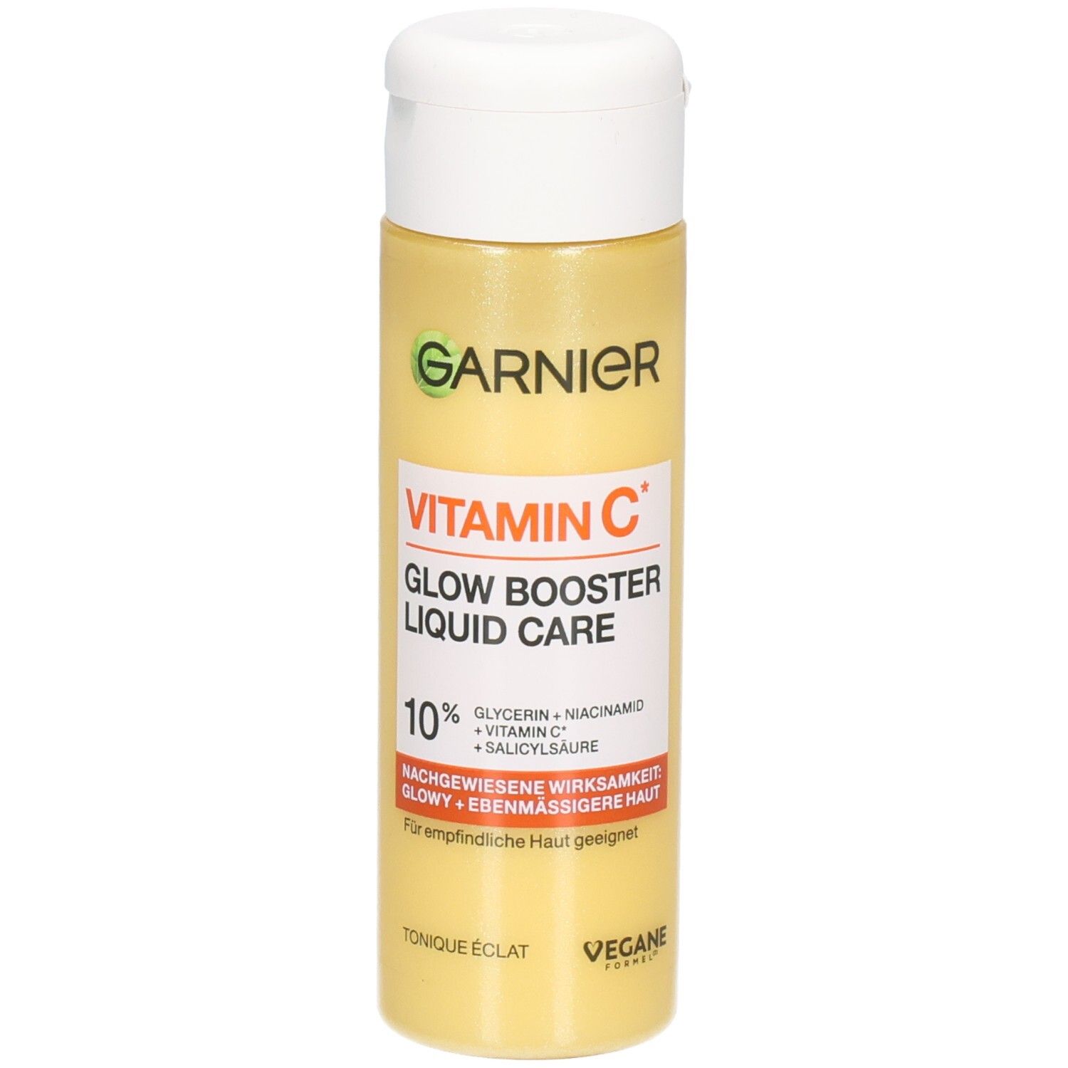 Garnier Vitamin C Glow Booster Liquid Care Gesichtsfluid in gelber Flasche mit weißem Klappdeckel.