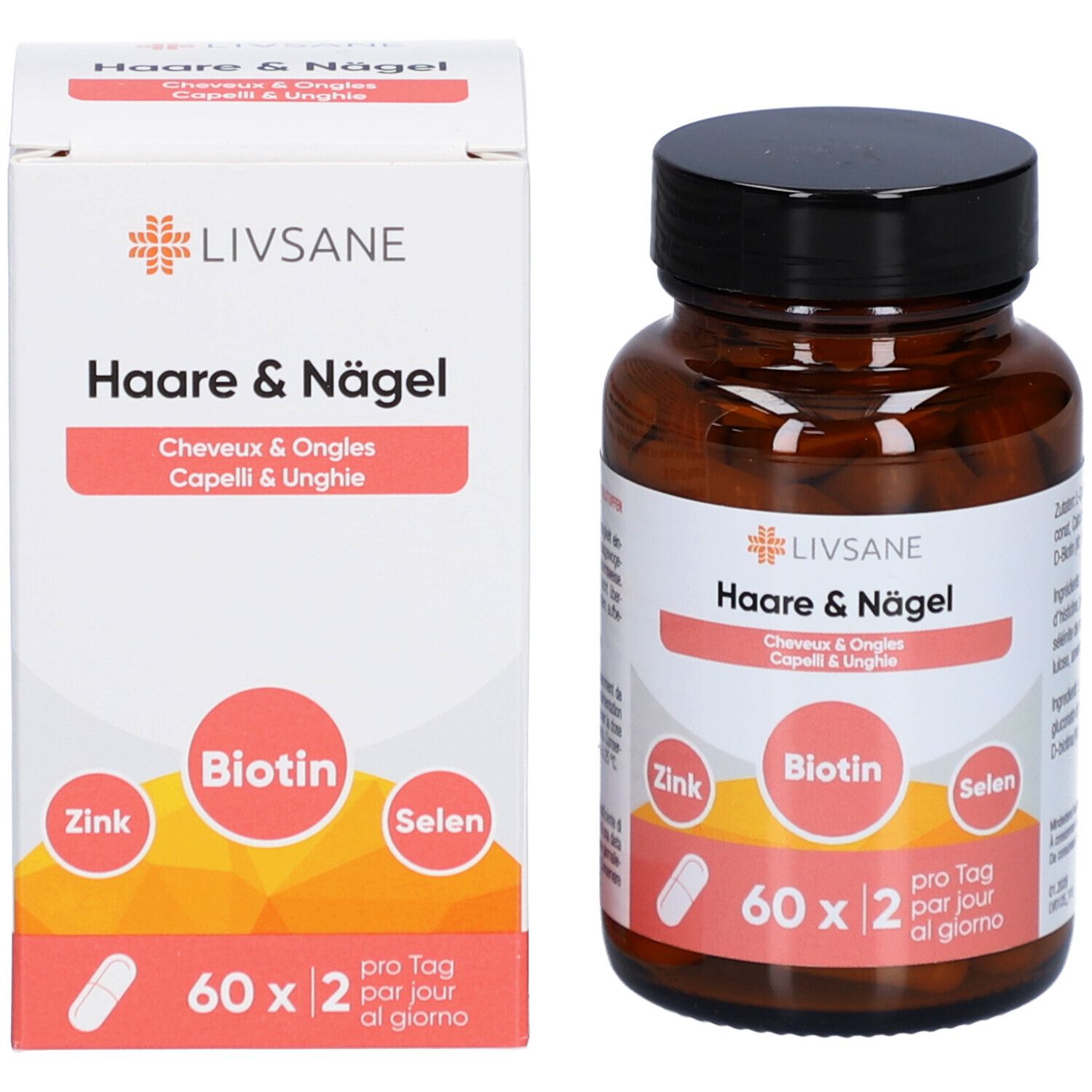 Emballage du produit avec flacon et boîte. Boîte avec LIVSANE, Cheveux & Ongles, Biotine, Zinc, Sélénium et 60 gélules.