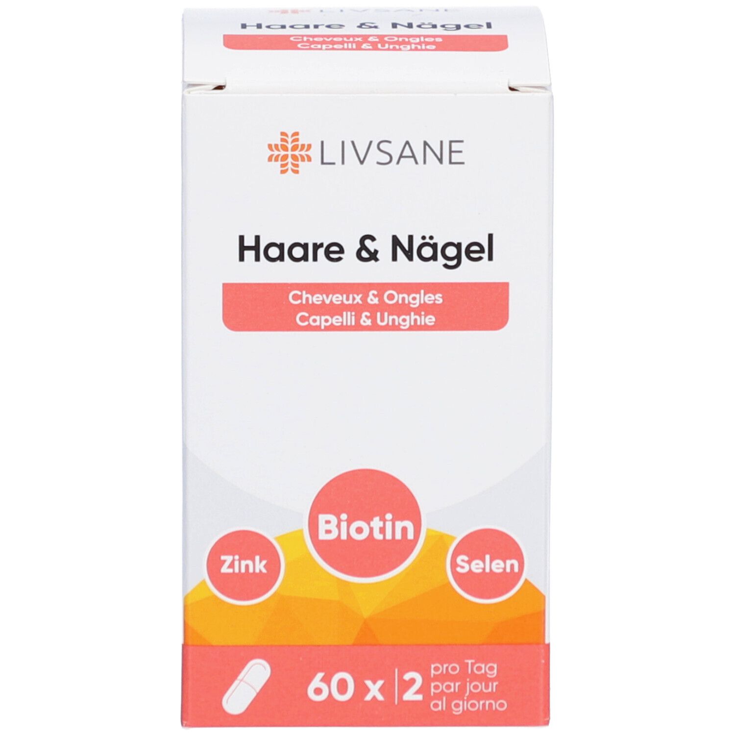 Emballage du produit. Boîte avec LIVSANE, Cheveux & Ongles, Biotine, Zinc, Sélénium et 60 gélules.