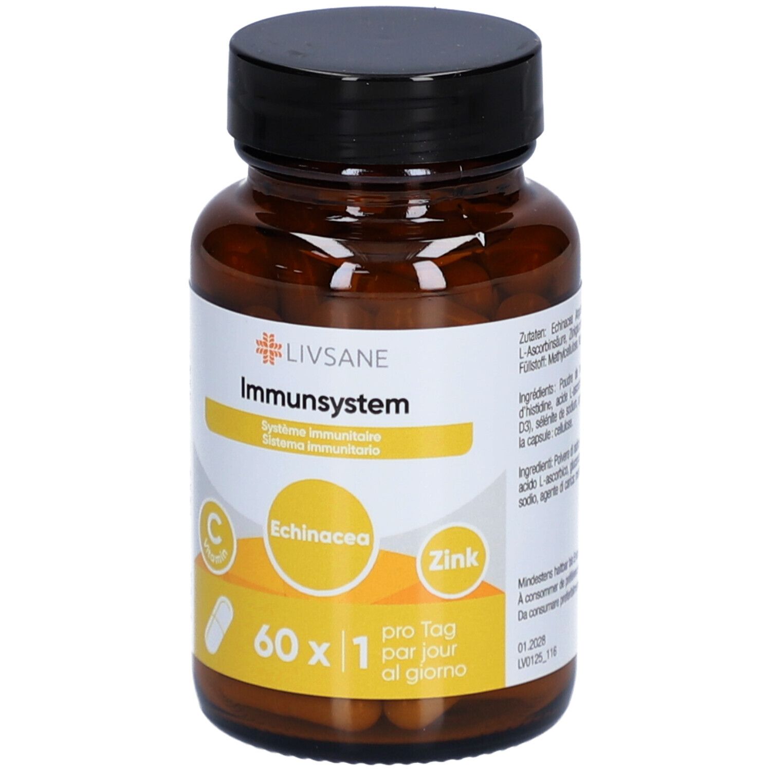 Braune Glasflasche mit schwarzem Deckel. Etikett mit LIVSANE Immunsystem, Echinacea, Zink und Vitamin C. Kapseln sichtbar.