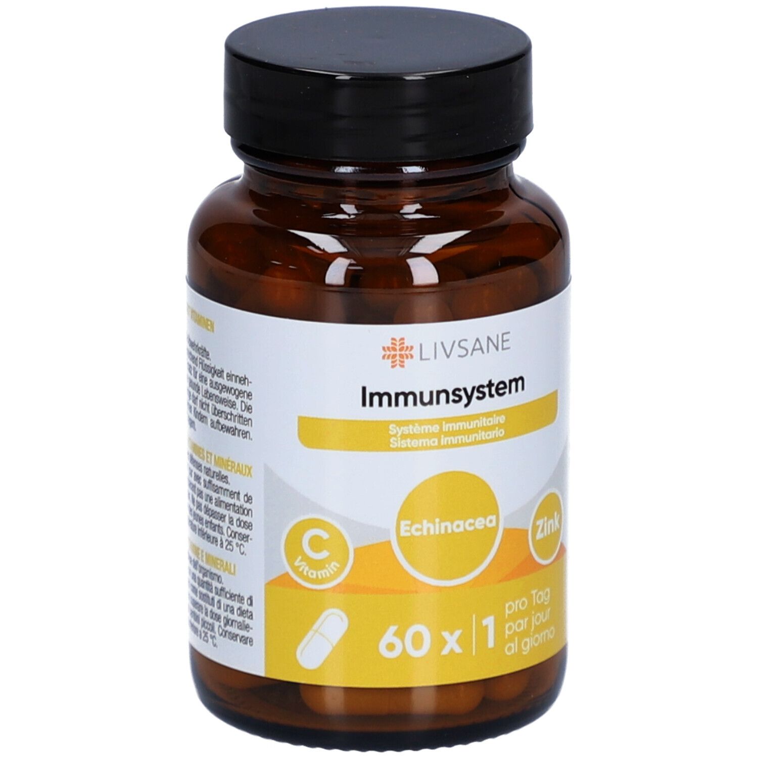 Braune Glasflasche mit schwarzem Deckel. Etikett mit LIVSANE Immunsystem, Echinacea, Zink und Vitamin C. Kapseln sichtbar.