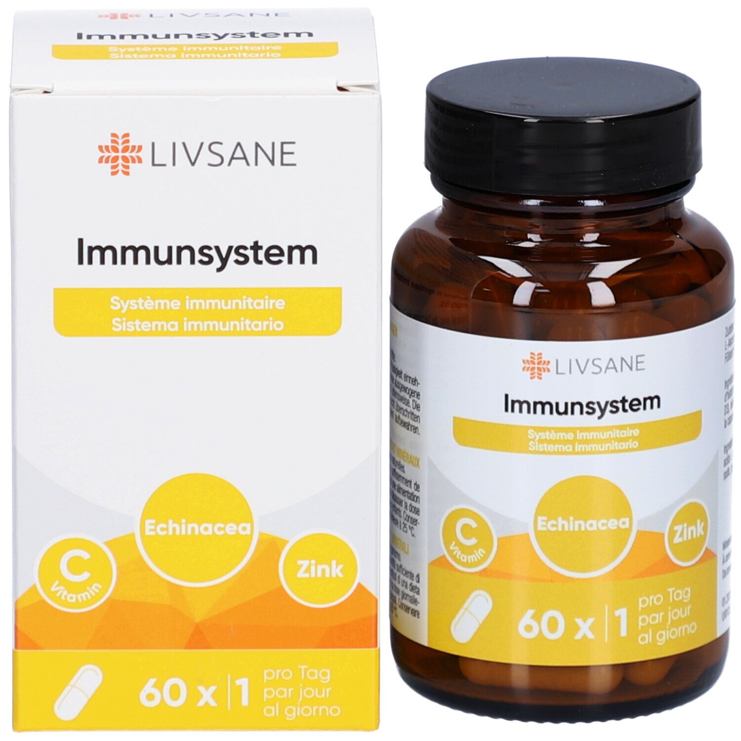 Braune Glasflasche und Karton. Auf der Flasche: LIVSANE Immunsystem, Echinacea, Zink, Vitamin C. Auf dem Karton: Gleiches Design.