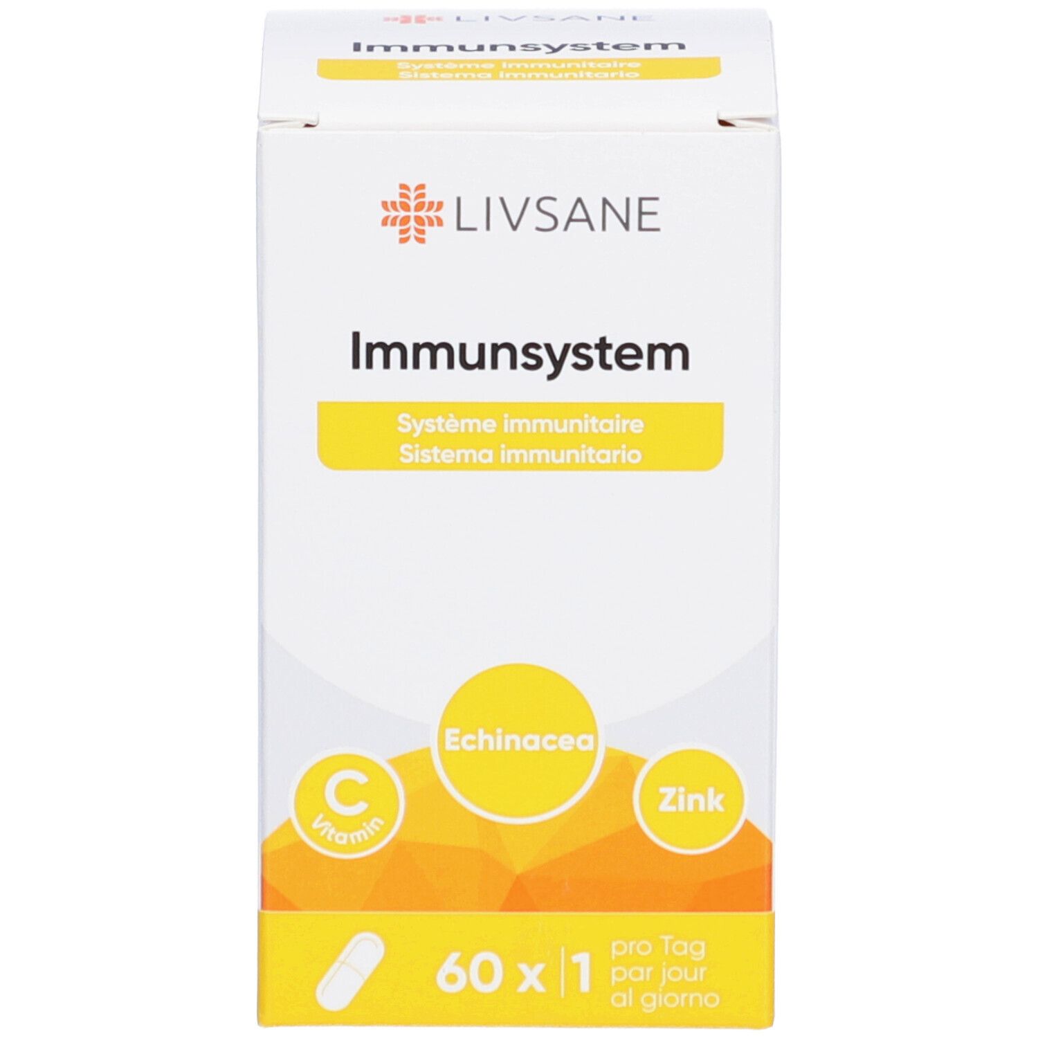 Weißer Karton mit LIVSANE Immunsystem, Echinacea, Zink und Vitamin C. Kapsel-Illustration und Text.