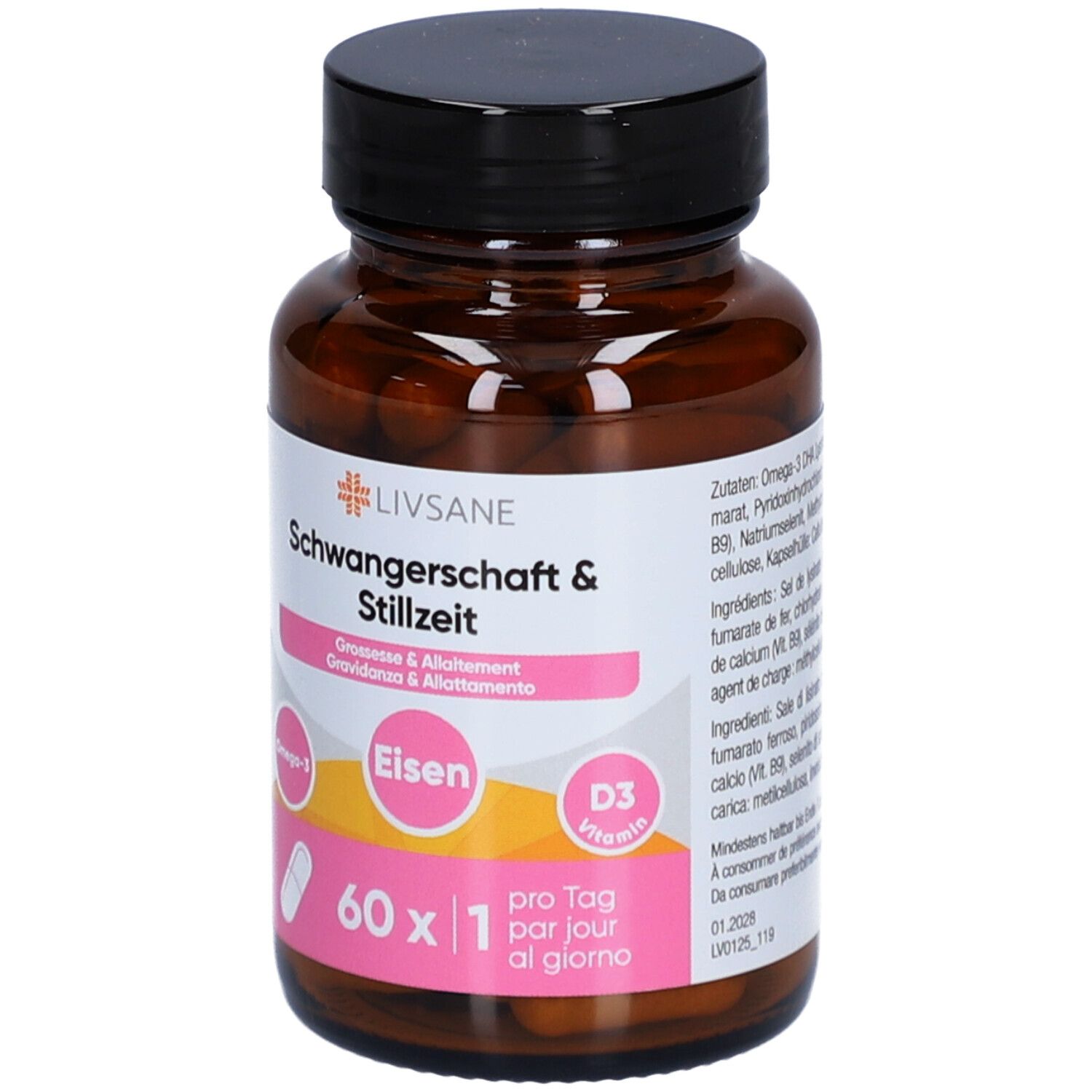 Braune Glasflasche mit schwarzem Deckel. Etikett mit LIVSANE, Schwangerschaft & Stillzeit, Eisen, D3 Vitamin, 60 Kapseln.