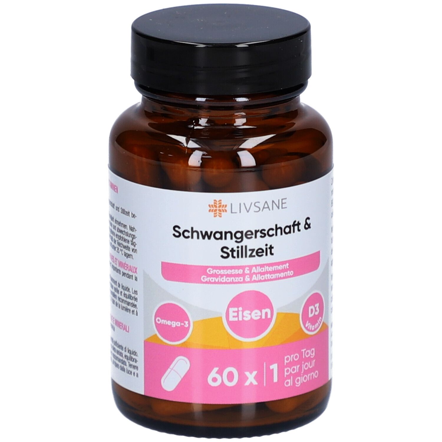 Braune Glasflasche mit schwarzem Deckel. Etikett mit LIVSANE, Schwangerschaft & Stillzeit, Eisen, D3 Vitamin, 60 Kapseln.