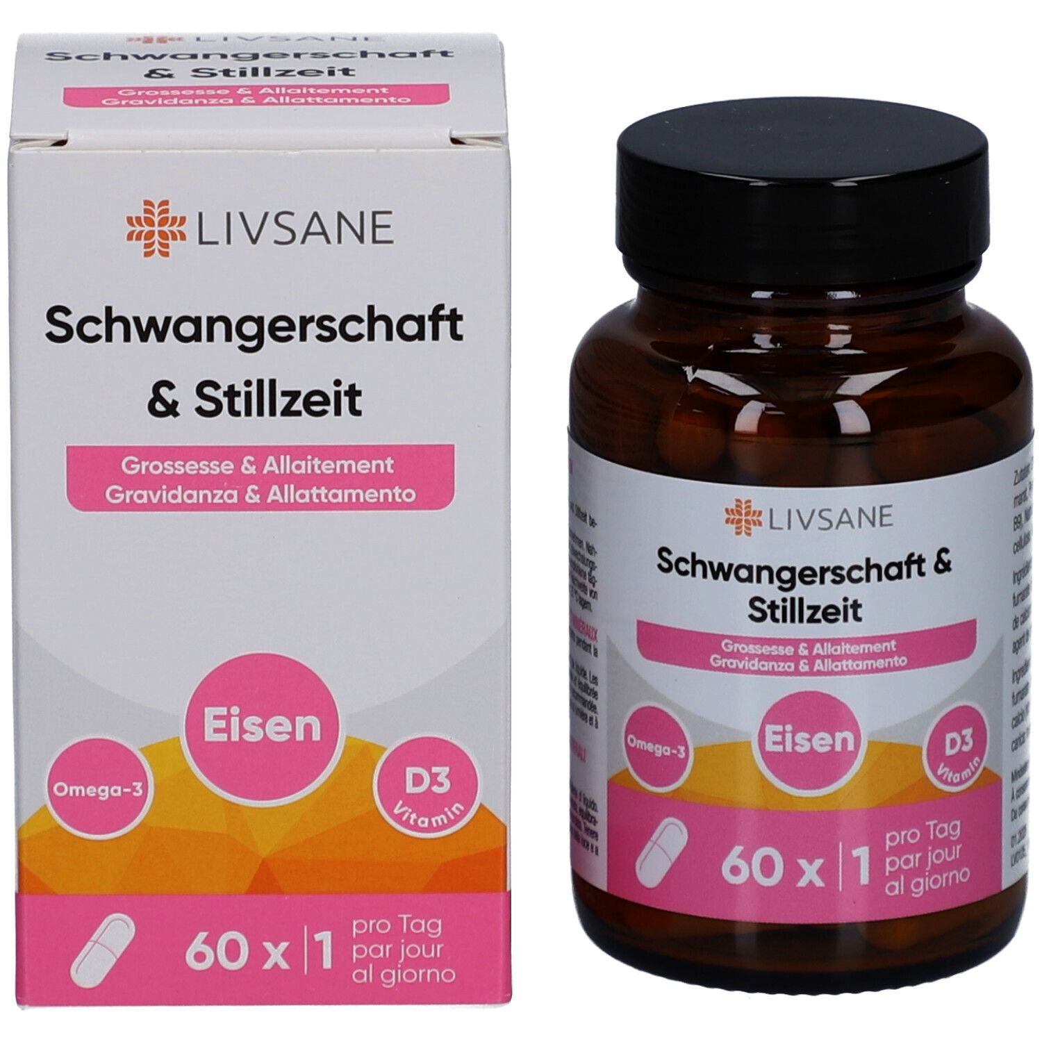 Braune Glasflasche und Karton. Aufschrift LIVSANE, Schwangerschaft & Stillzeit, Eisen, D3 Vitamin, 60 Kapseln.