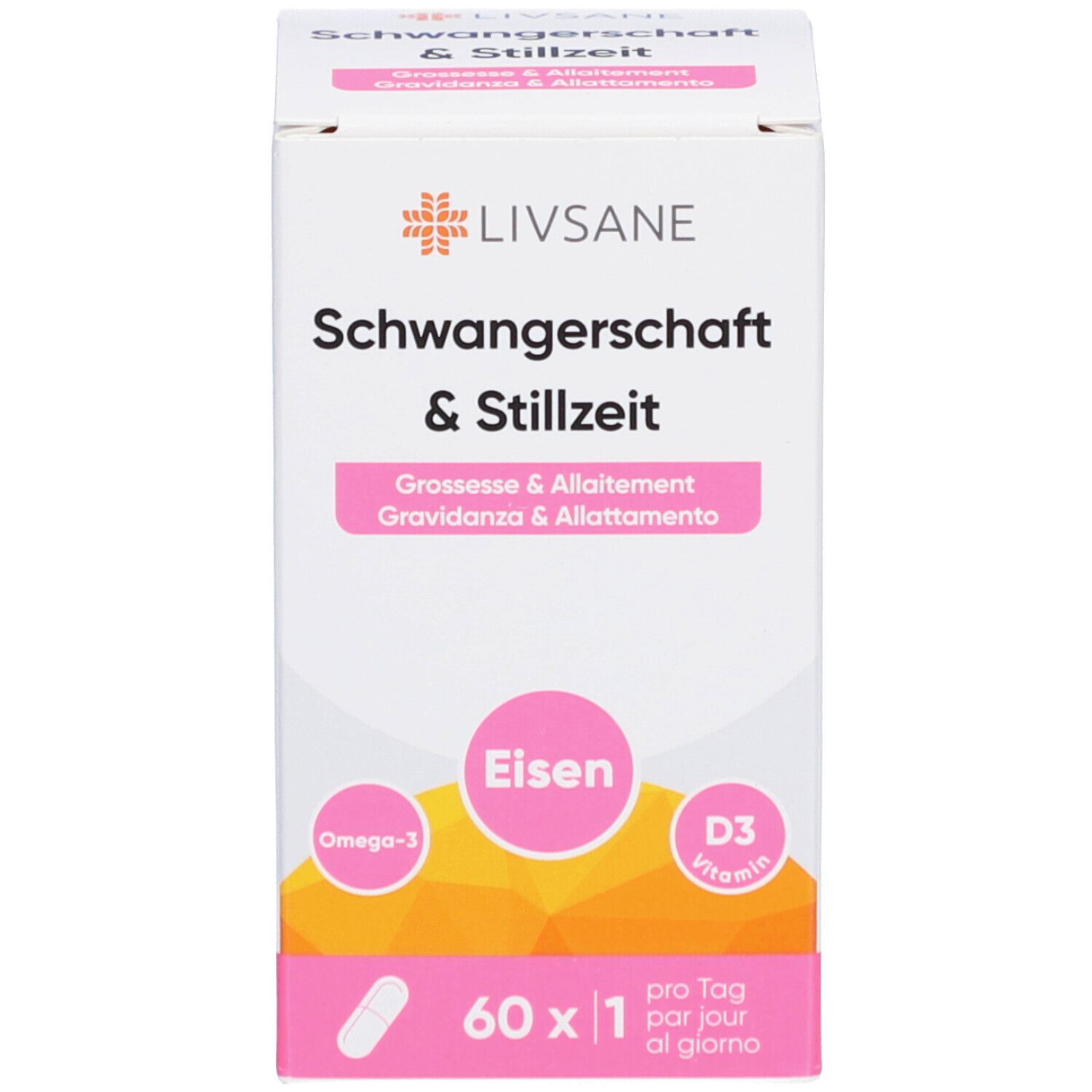 Karton mit Aufschrift LIVSANE, Schwangerschaft & Stillzeit, Eisen, D3 Vitamin, 60 Kapseln. Vorderansicht.