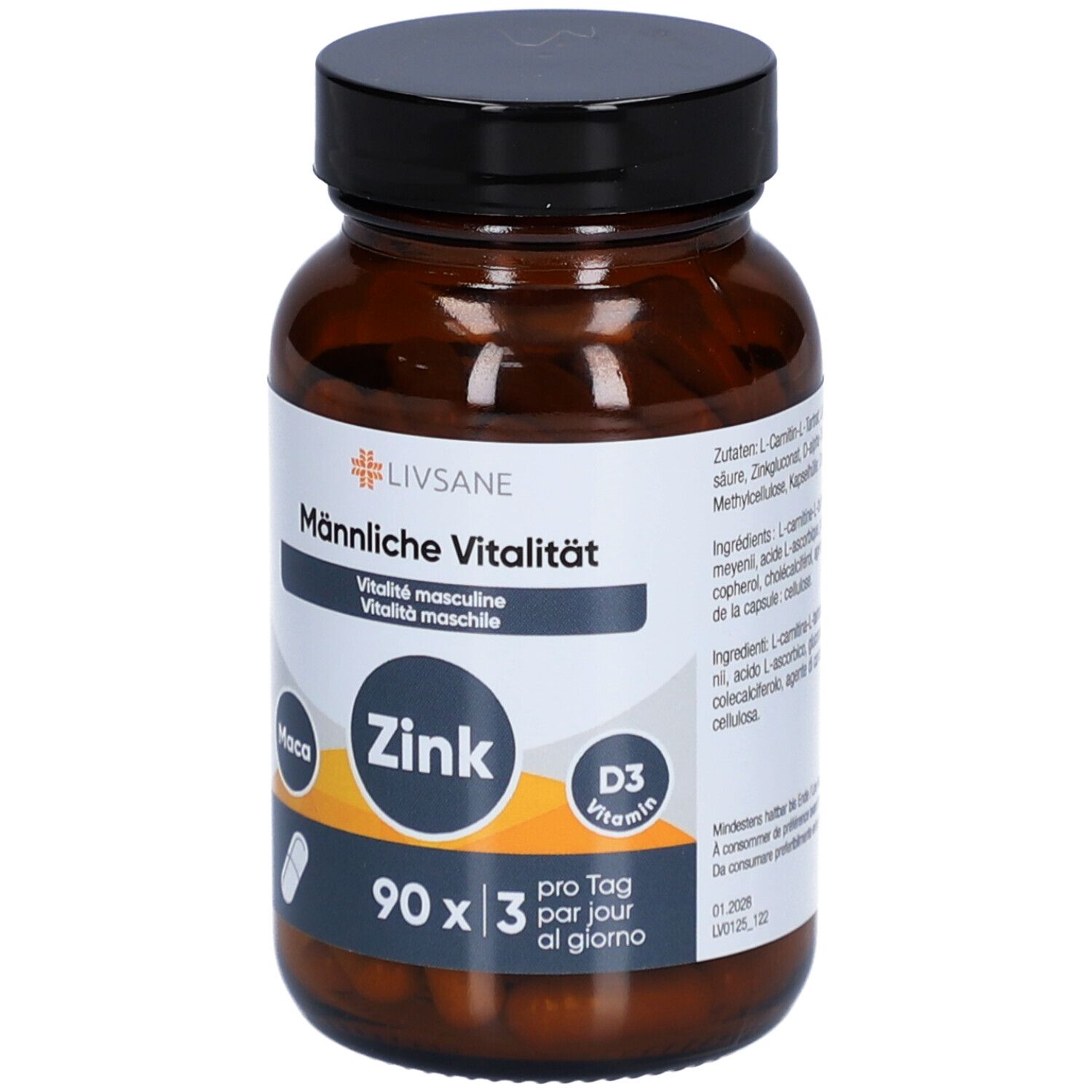 Flacon en verre brun avec capsules. Inscription: LIVSANE Vitalité masculine, Zinc, Vitamine D3. 90 capsules.