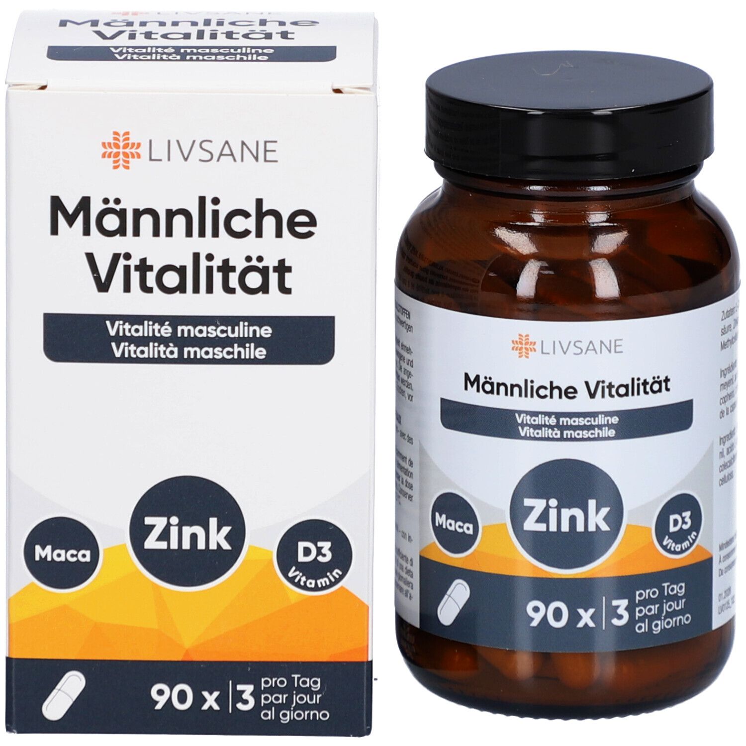 Emballage et flacon de capsules. Inscription: LIVSANE Vitalité masculine, Zinc, Vitamine D3. 90 capsules.