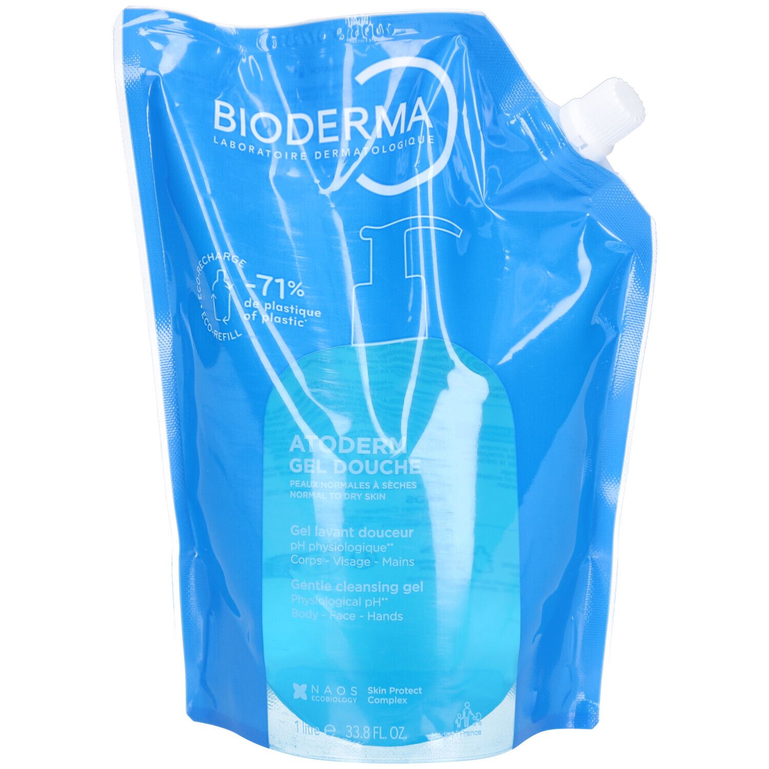 Nachfüllbeutel Bioderma Atoderm Gel douche. Blauer Beutel mit weißem Verschluss. Text: Eco Recharge, Atoderm Gel douche.