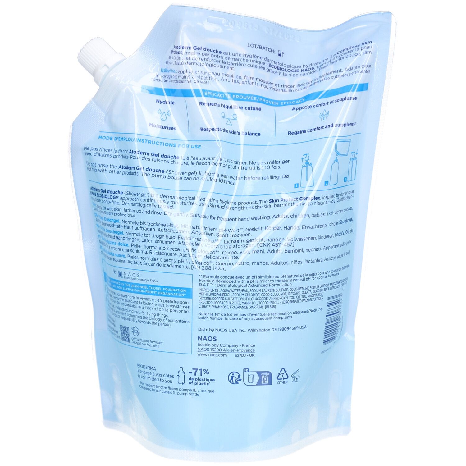 Rückseite des Nachfüllbeutels Bioderma Atoderm Gel douche. Blauer Beutel mit Text und weißem Verschluss.