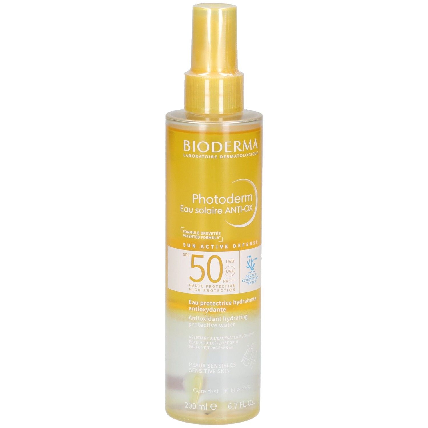 Sonnenschutzwasser in Sprühflasche. Gelb-transparente Flüssigkeit. Aufschrift: Bioderma, Photoderm, Anti-OX, SPF 50. Mit Sprühkopf.