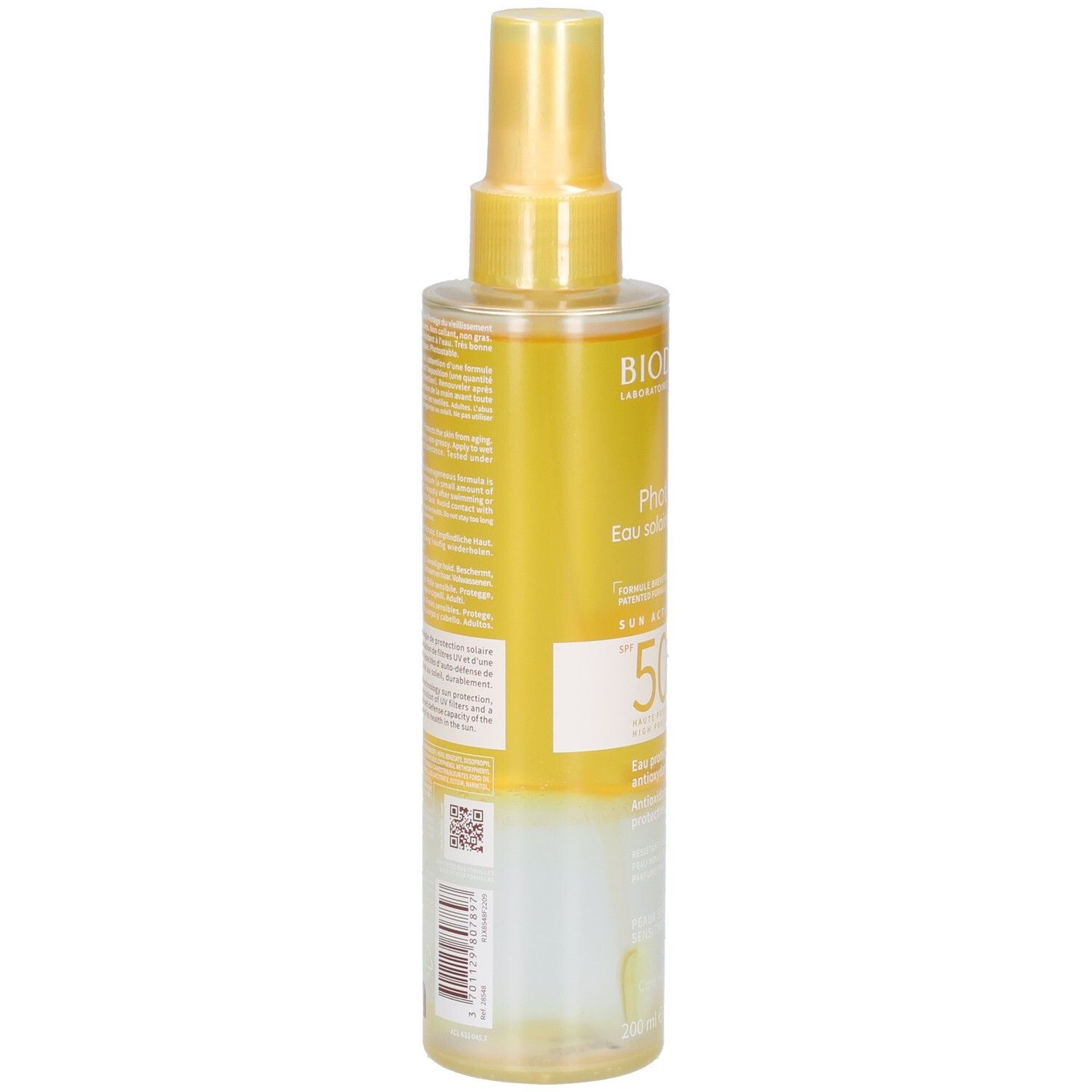 Sonnenschutzwasser-Flasche. Rückseite mit Text. Gelb-transparente Flüssigkeit. Mit Sprühkopf. Barcode und weitere Informationen.