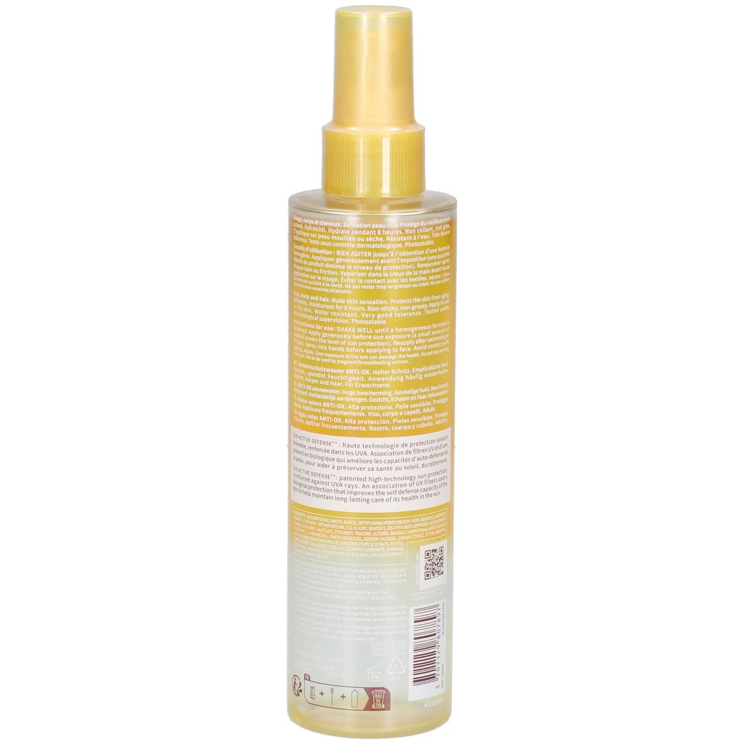 Sonnenschutzwasser-Flasche. Rückseite mit Text. Gelb-transparente Flüssigkeit. Mit Sprühkopf. Detailansicht der Produktinformationen.