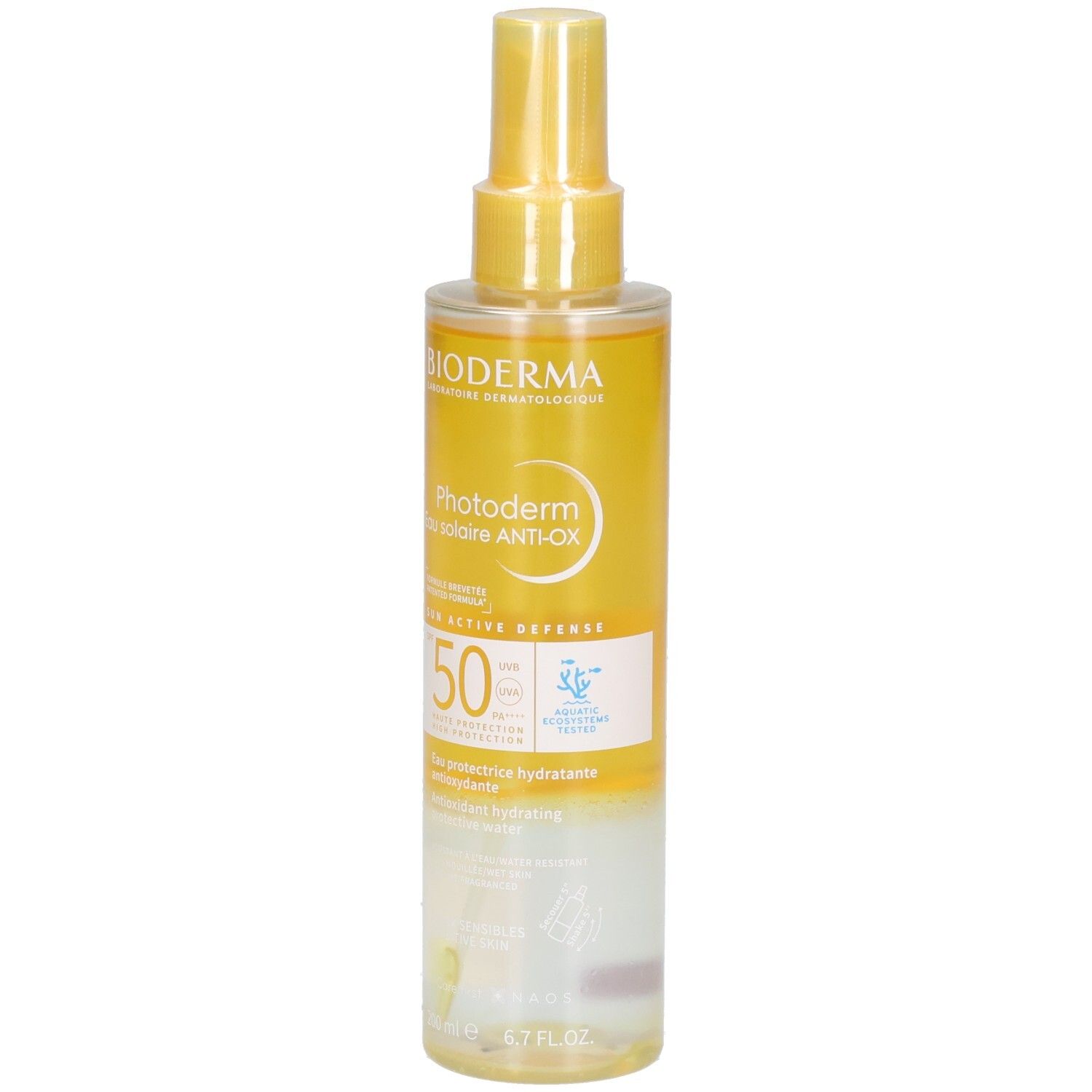 Sonnenschutzwasser in Sprühflasche. Gelb-transparente Flüssigkeit. Aufschrift: Bioderma, Photoderm, Anti-OX, SPF 50. Mit Sprühkopf.