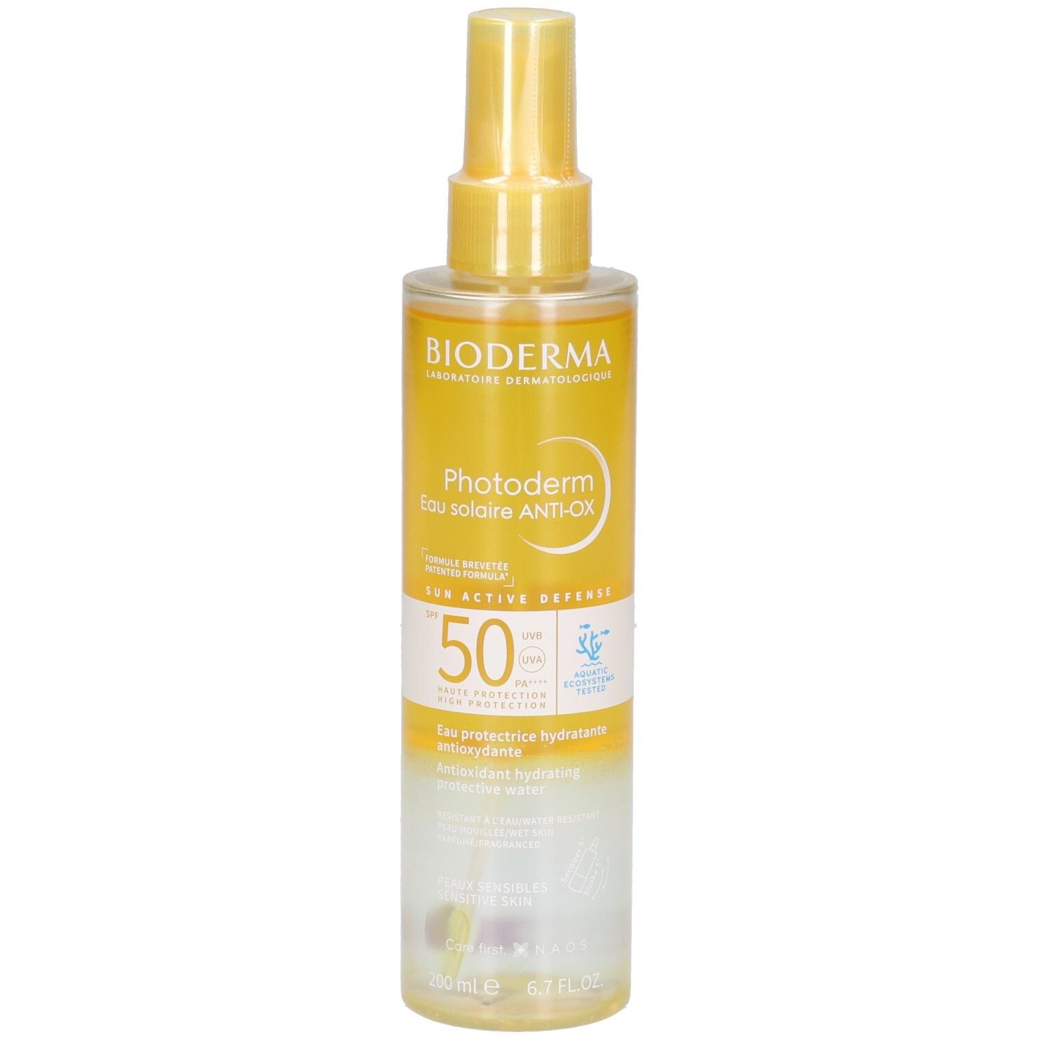 Sonnenschutzwasser in Sprühflasche. Gelb-transparente Flüssigkeit. Aufschrift: Bioderma, Photoderm, Anti-OX, SPF 50. Mit Sprühkopf.