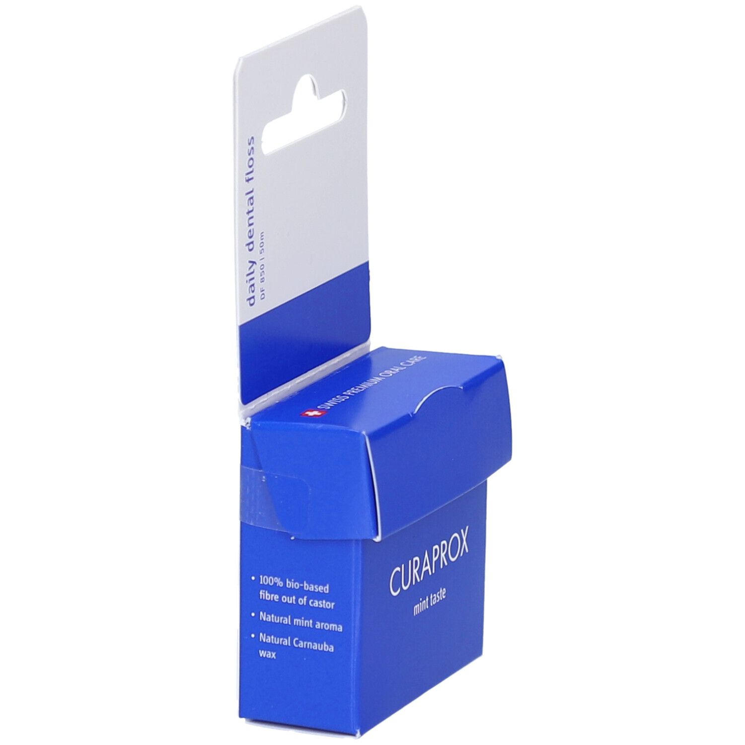 Blaue Verpackung mit CURAPROX-Logo und Text. Enthält Zahnseide. Aufdruck: mint taste. Rückseite mit Produktinformationen.