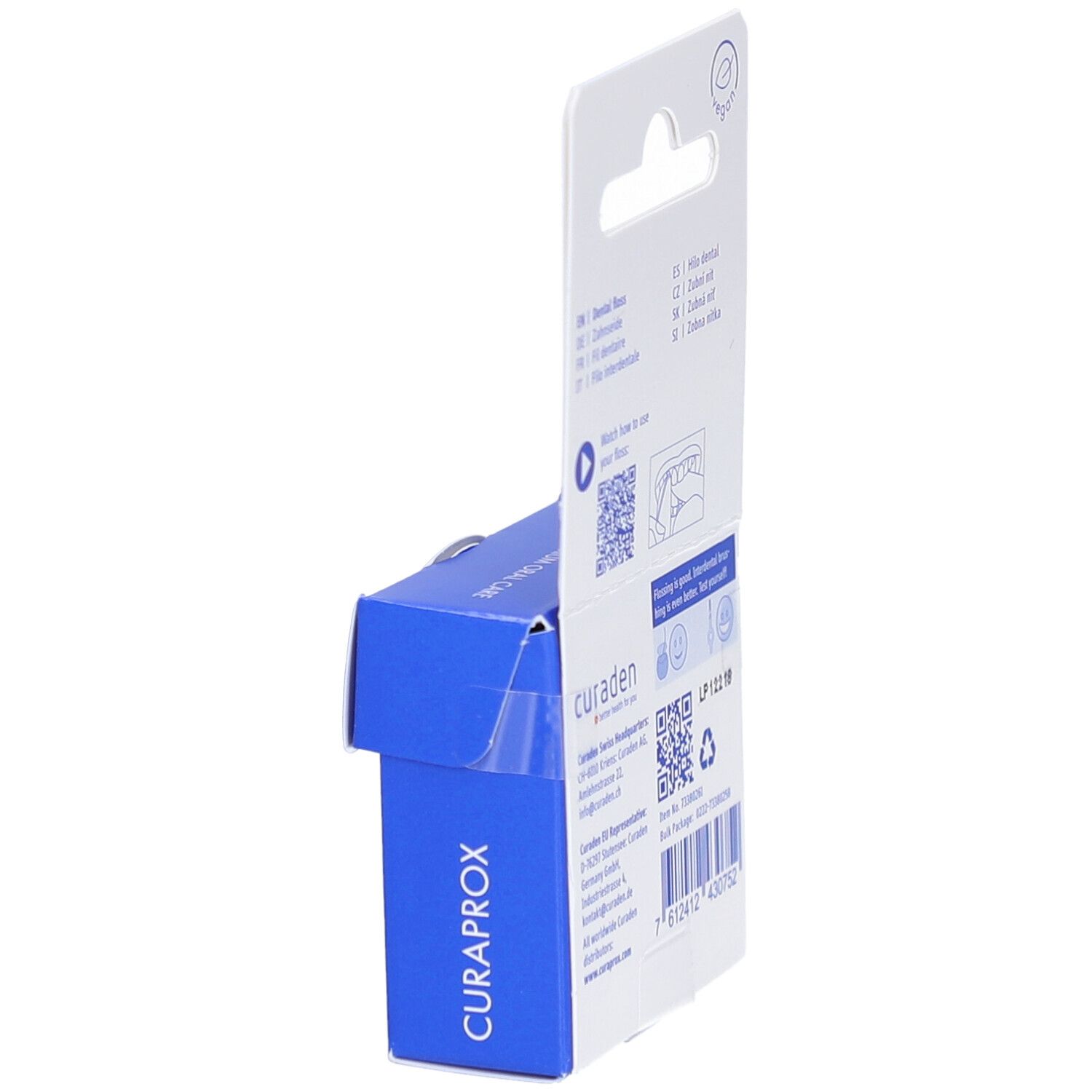 Blaue Verpackung mit CURAPROX-Logo. Rückseite mit Text und QR-Code. Hängevorrichtung. Vegan-Siegel.
