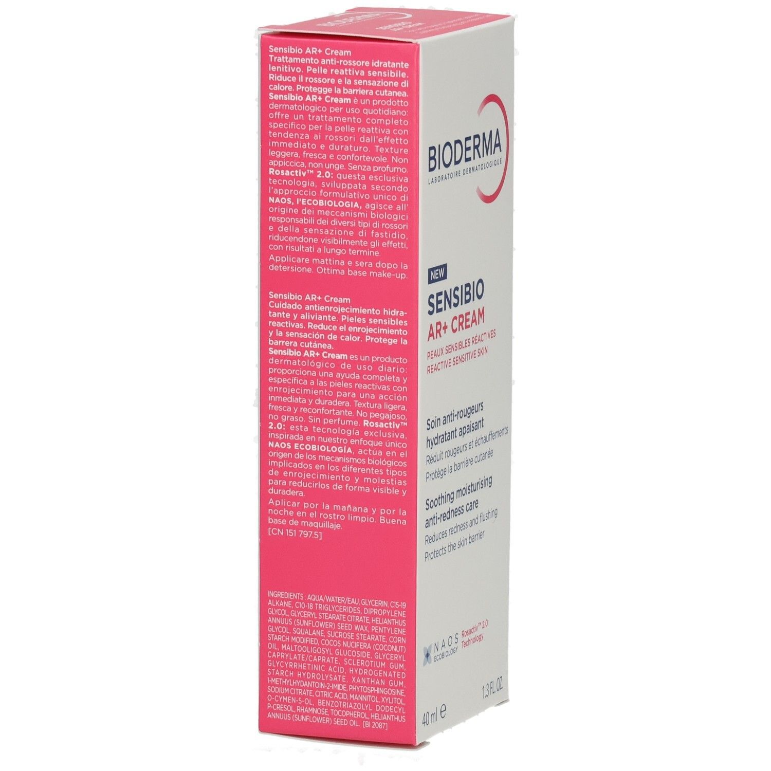 Emballage Bioderma Sensibio AR+ Cream, verso avec ingrédients.