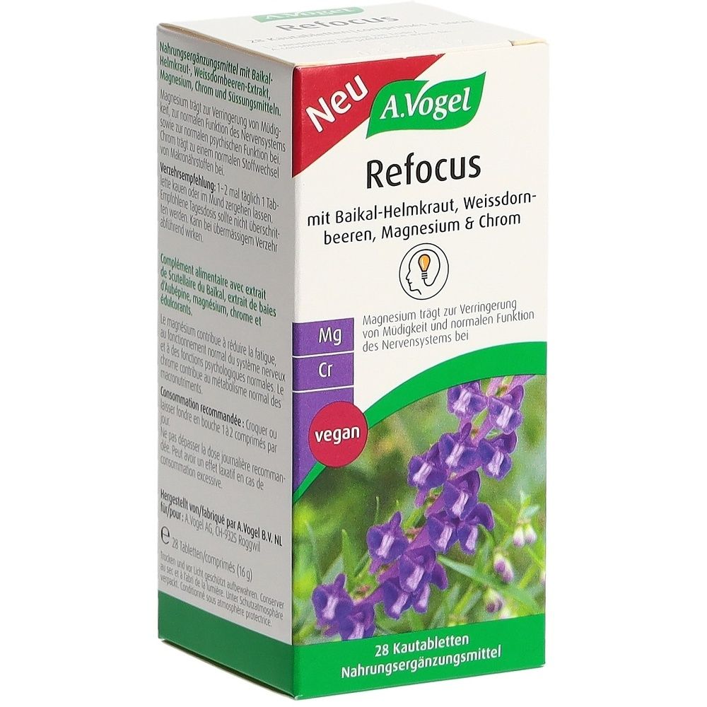 Karton mit Produktaufdruck. Aufschrift: Refocus, A. Vogel. Enthält Baikal-Helmkraut, Magnesium & Chrom. Vegan-Siegel. 28 Kautabletten.