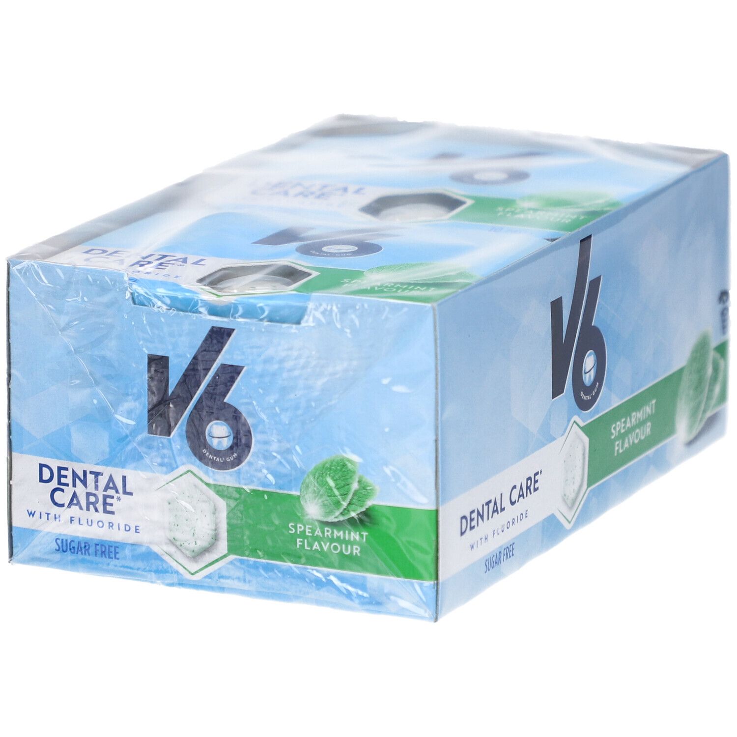 Verpackung mit V6 Kaugummi. Aufschrift: Dental Care, Spearmint Flavour, Sugar Free. Mint-Blätter und hexagonale Form.