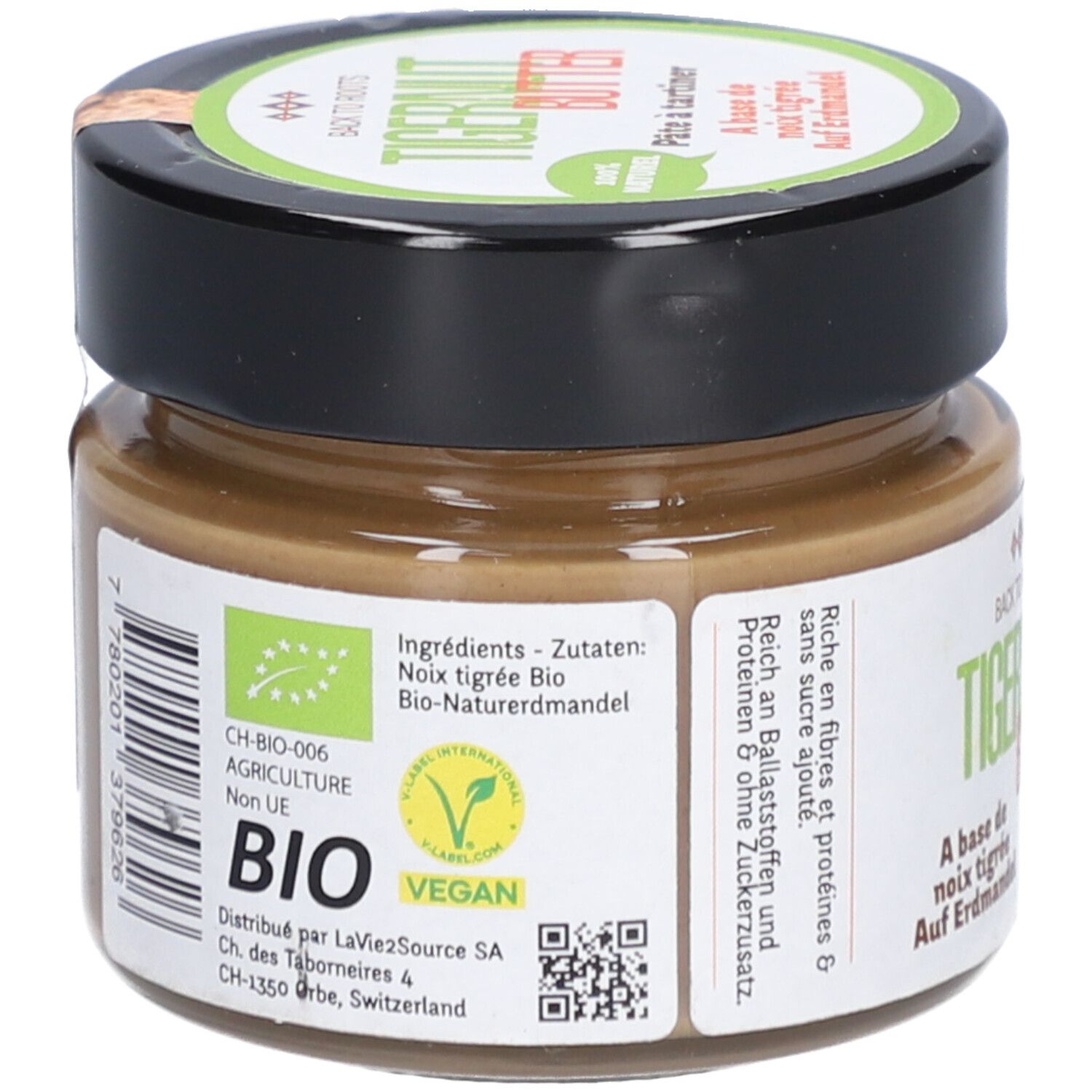 Pot de beurre de souchet. Label bio et logo vegan. Étiquette avec ingrédients et adresse du fabricant.