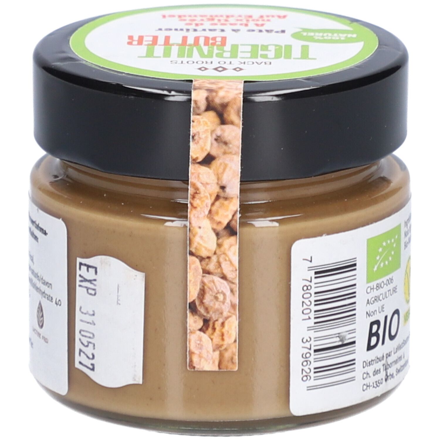 Pot de beurre de souchet. Étiquette avec numéro de lot et date de péremption. Informations au dos.