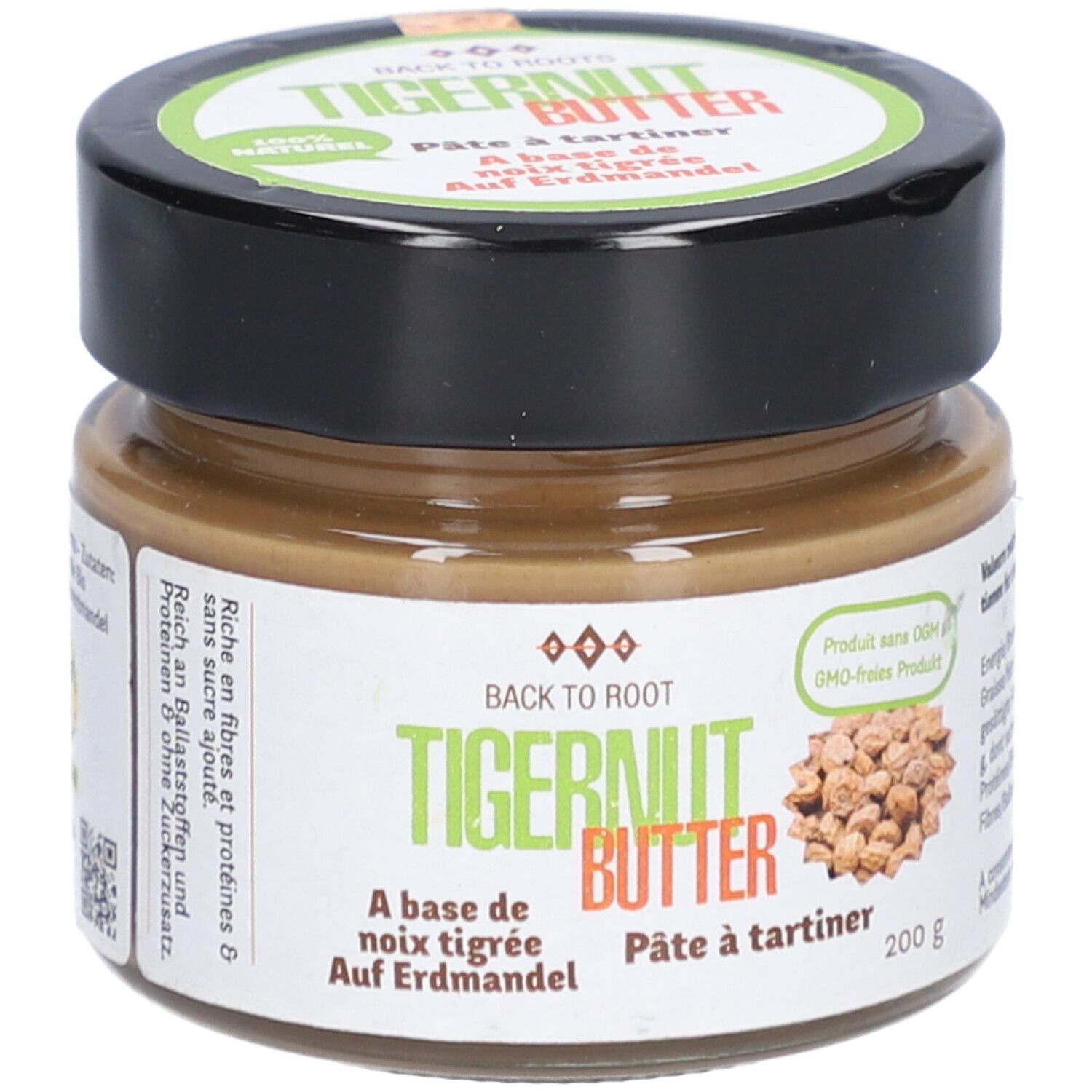 Pot de beurre de souchet. Étiquette avec nom du produit et souchets. Couvercle noir.